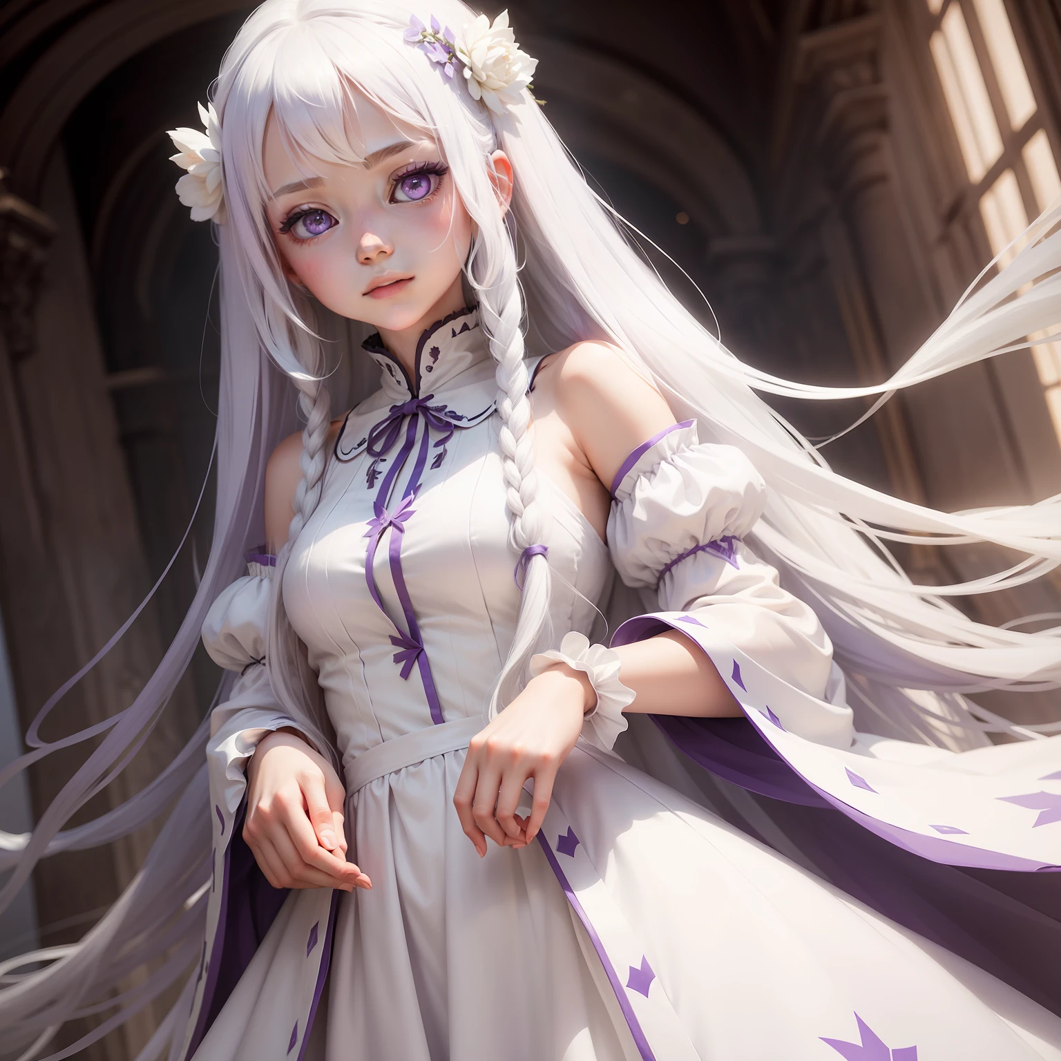 a girl, long white hair, purple eyes, white dress