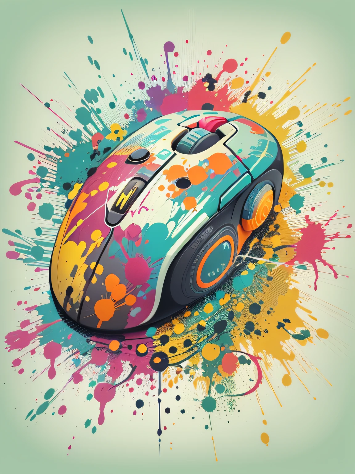 vector art, Colorful illustration with graffiti computer mouse, in the center, Bright colors, paint splashes and blots, high detail, whitebackground