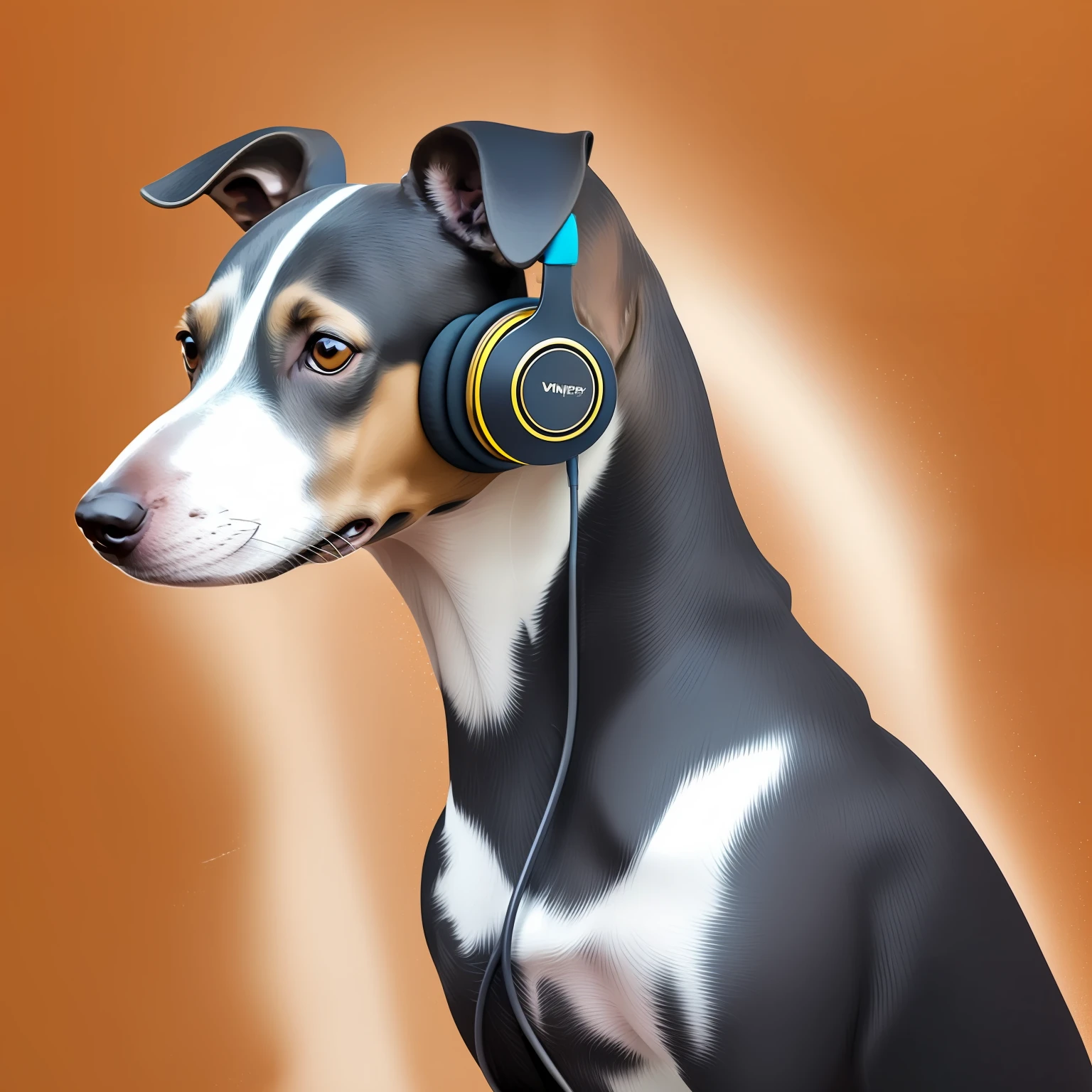 Whippet with headphones, mottled style, clean, simple, white background, professional tshirt design vectorEnclosed in a circle.