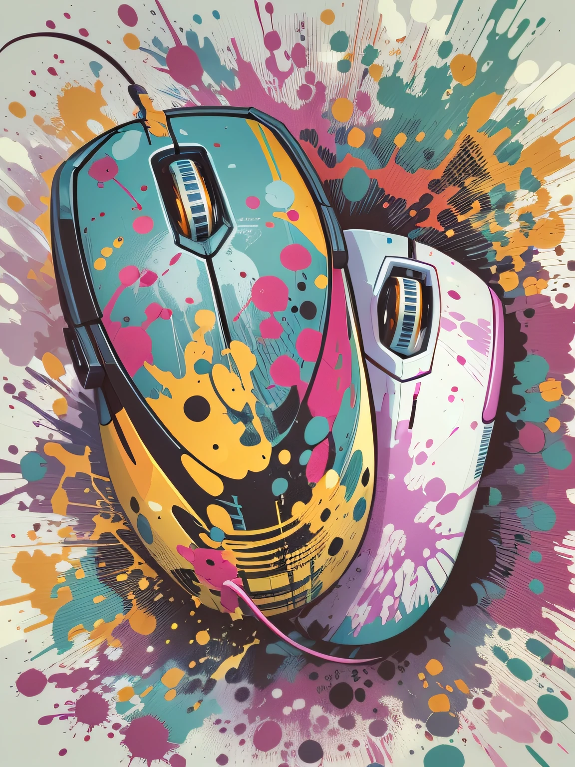 vector art, Colorful illustration with graffiti computer mouse, in the center, Bright colors, paint splashes and blots, high detail, whitebackground