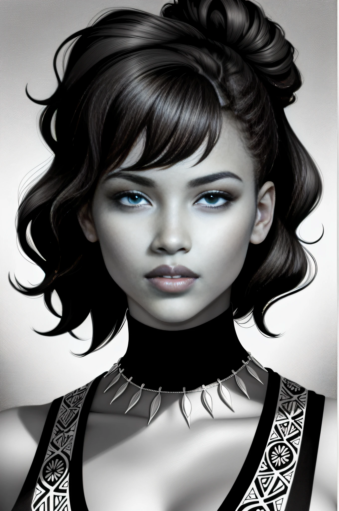 Modern realistic cartoon drawing, grayscale, 20 pixels of blank space on all four sides of the image, reference pose, one black female, one black woman, one head, full shot, full portrait, adult coloring page, beautiful black woman, black woman wearing a dress, lined Drawing, Coloring page, digital art gerald brom, 300 dpi, High quality print