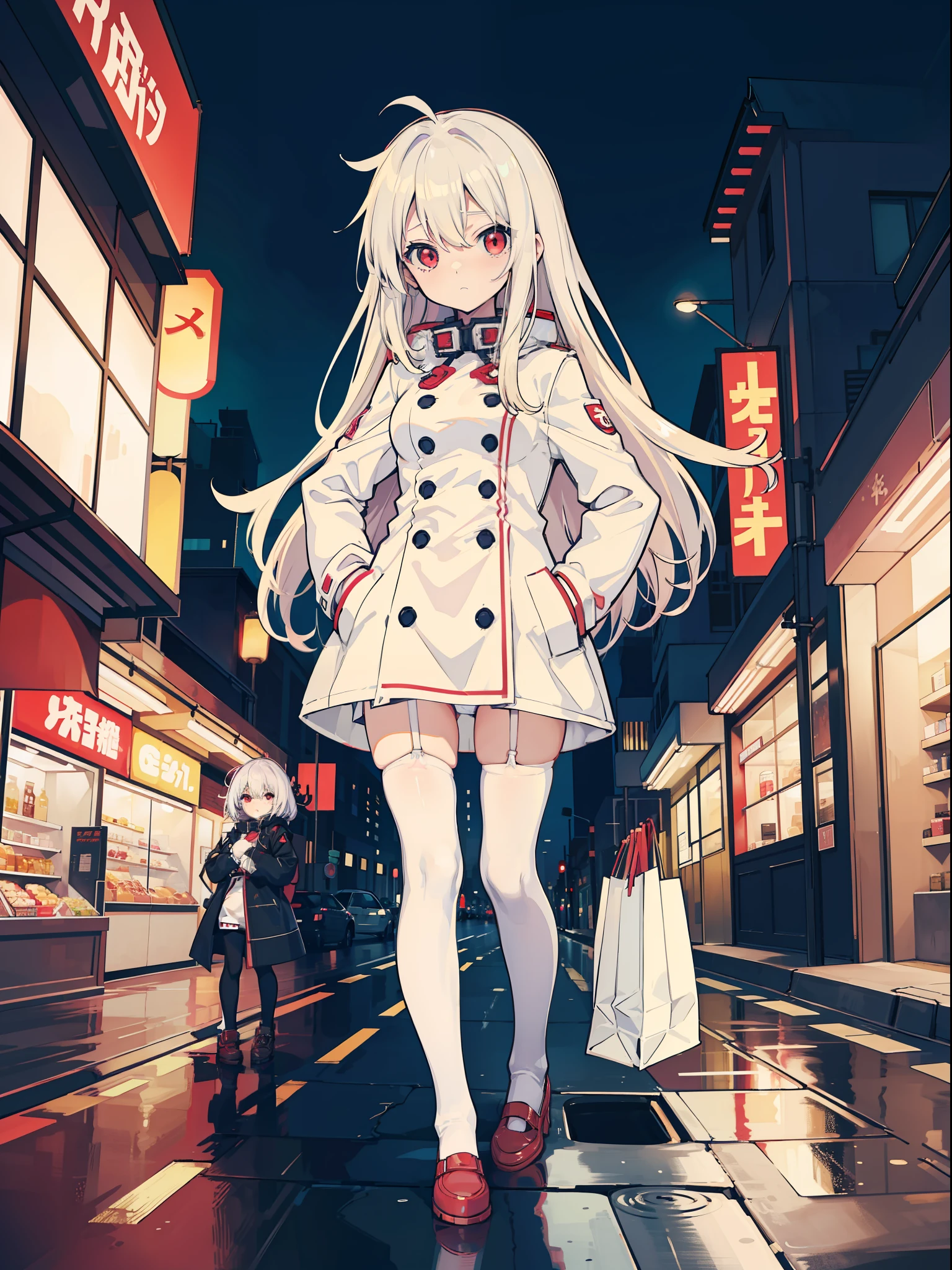 anime big breast，1girll，whaite hair, Red-eyed, Shy small-breasted loli in white stockings and white trench coat，With a shopping street as a backdrop，Put your hands in your pockets，the night