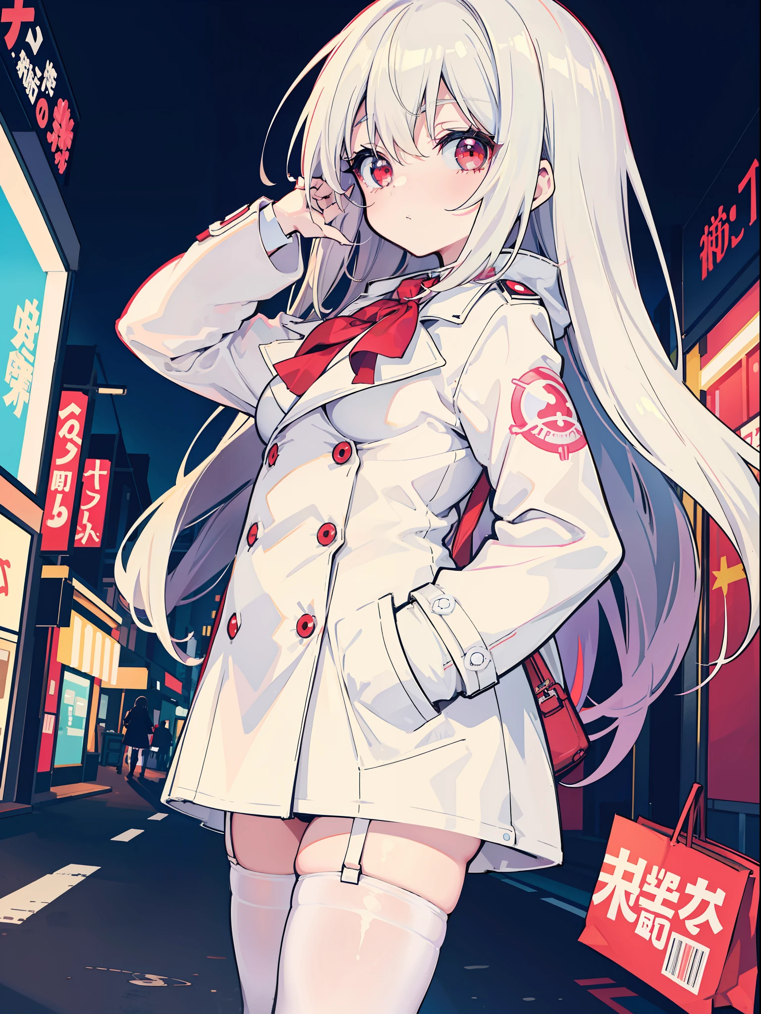 anime big breast,1girll,whaite hair, Red-eyed, Shy small-breasted loli in white stockings and white trench coat,With a shopping street as a backdrop,Put your hands in your pockets,the night