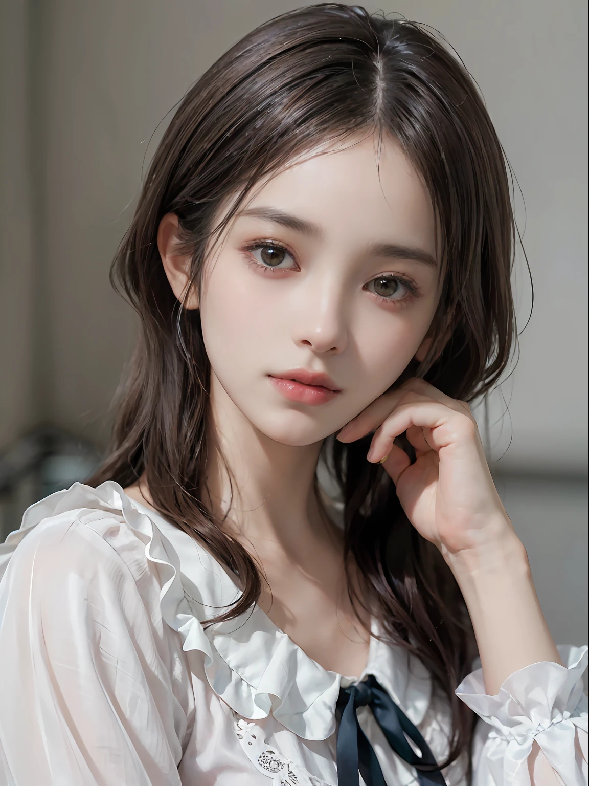Clothed、(photoRealstic:1.4)、(hyper realisitic:1.4)、(reallistic:1.3)、(Smooth lighting:1.05)、(Improved cinematic lighting quality:0.9)、32K、1girl in、Japan women、Realistic lighting、Back lighting、Facial Lights、Ray tracing、(brightened light:1.2)、(Quality Improvement:1.4)、(Realistic textured skin of the highest quality:1.4)、fine detailed eyes、A detailed face、Fine quality eye、Brown eyes、(Moist pale pink lips wet and reflecting light)、(Tired, sleepy and satisfied: 0.0)、Mint Green Floral Silk Blouse、Ruffles and lace、Thin string ribbon ties、dark brown hair、She wears short, Trimmed bangs on her forehead.、shairband、One adult woman with a faint smile、(white backgrounid)