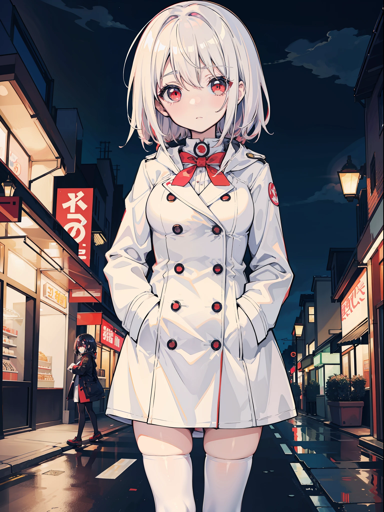 anime big breast，1girll，whaite hair, Red-eyed, Shy small-breasted loli in white stockings and white trench coat，With a shopping street as a backdrop，Put your hands in your pockets，the night