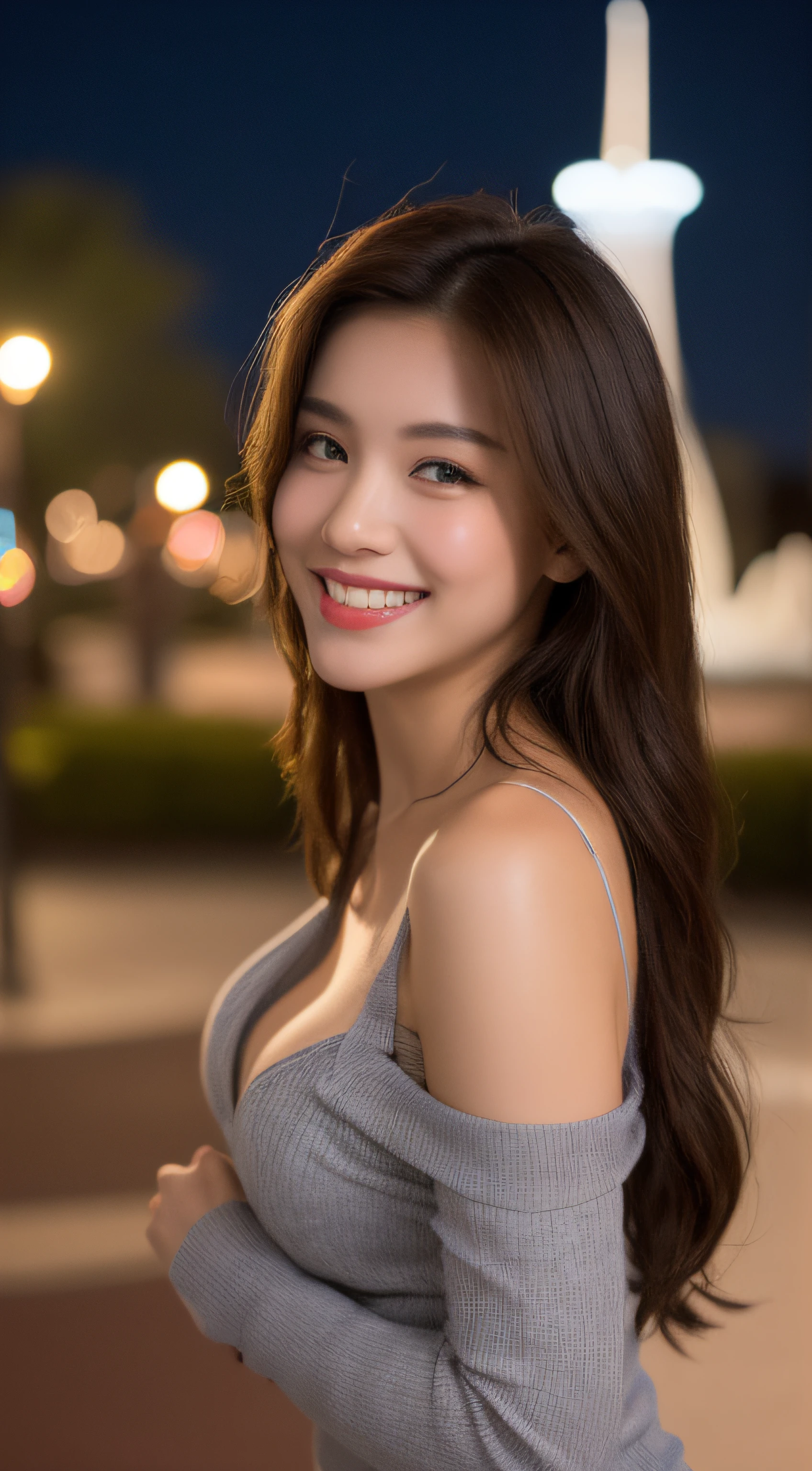((Night Scene, Realistic Light, Best Quality, 8k, Masterpiece: 1.3)), 1 Girl, Slim Body Beauty: 1.4, Brown Hair, (Big: 1.3), Off Shoulder Cut Top: 1.3, Ultra Detailed Face, Detailed Eyes, Double Eyelids, Disneyland, Fountain, Castle, Fireworks, Smile, Cleavage, Saggy