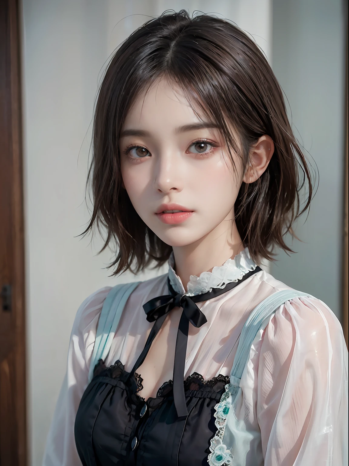 Clothed、(photoRealstic:1.4)、(hyper realisitic:1.4)、(reallistic:1.3)、(Smooth lighting:1.05)、(Improved cinematic lighting quality:0.9)、32K、1girl in、Japan women、Realistic lighting、Back lighting、Facial Lights、Ray tracing、(brightened light:1.2)、(Quality Improvement:1.4)、(Realistic textured skin of the highest quality:1.4)、fine detailed eyes、A detailed face、Fine quality eye、Brown eyes、(Moist pale pink lips wet and reflecting light)、(Tired, sleepy and satisfied: 0.0)、Mint Green Floral Silk Blouse、Ruffles and lace、Thin string ribbon ties、dark brown hair、She wears short, Trimmed bangs on her forehead.、shairband、One adult woman with a faint smile、(white backgrounid)