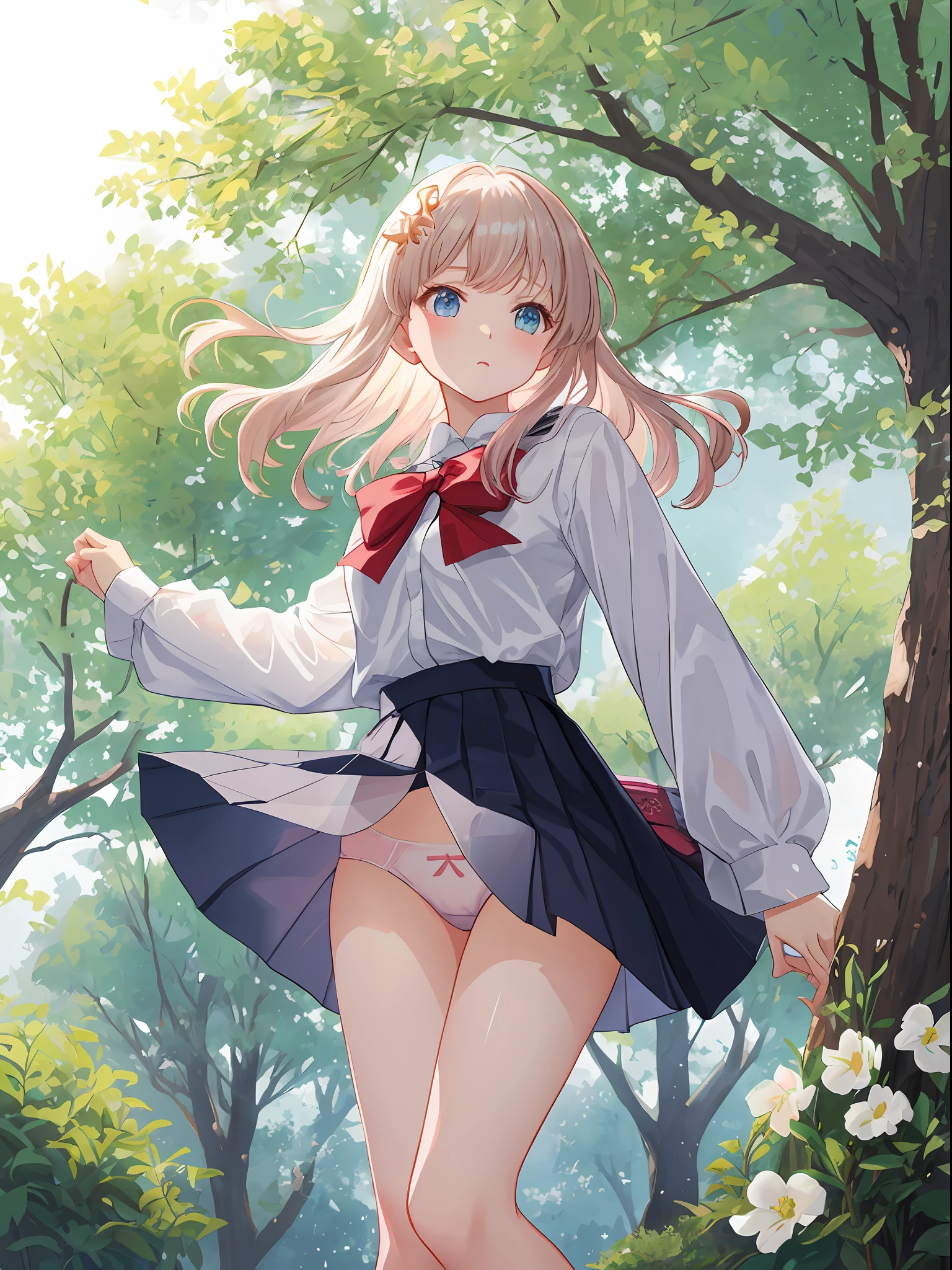 [[anime styled]]、[[digitalart]]、[[wlop]]、College girl in white blouse with long sleeves、[[Short Chanel]]hair、[[The cherry tree]]Forest background、murky、Neutral Lighting、[[Little lighting]]、The wind blows and the skirt twists, Expose off your underwear、Underwear can see through、posterior view、Enlarge the buttocks、Looking up from the ground