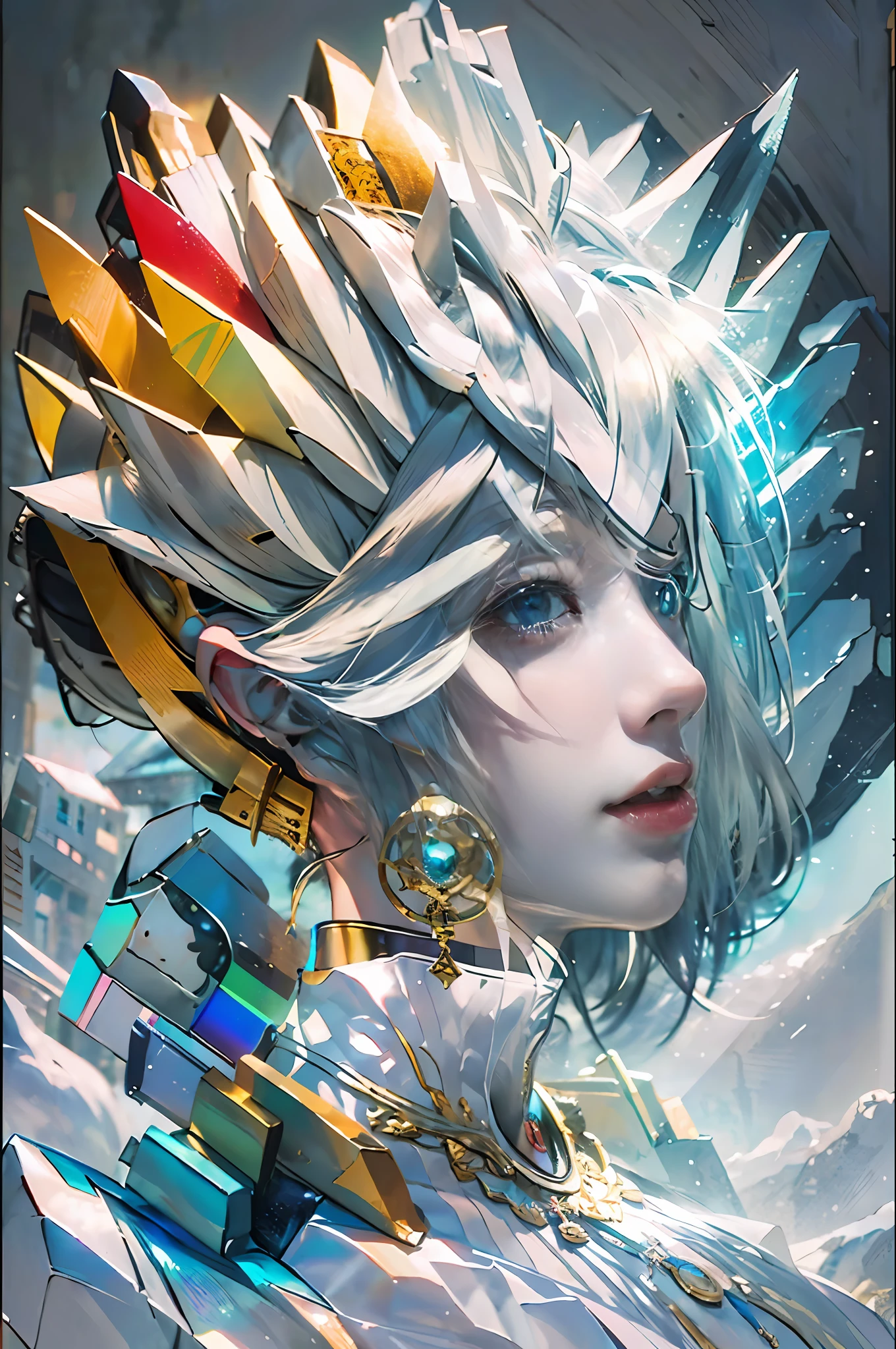 Rainbow" Theme, (1 girl, Masterpiece Snow Mountain), (Illustrator: 1.2, paper art: 1.2, Zen entanglement: 1.8, Geometry: 1.2,3D rendering of), (Best quality, Detailed details, Masterpiece, offcial art, movie light effect, 4K, Light and dark contrast)