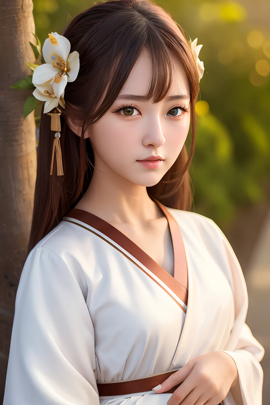 masterpiece,high quality,high-definition,extremely detailed,1girl, detailed eyes, detailed face, upper body, breast,brown eyes,hanfu,white dress,