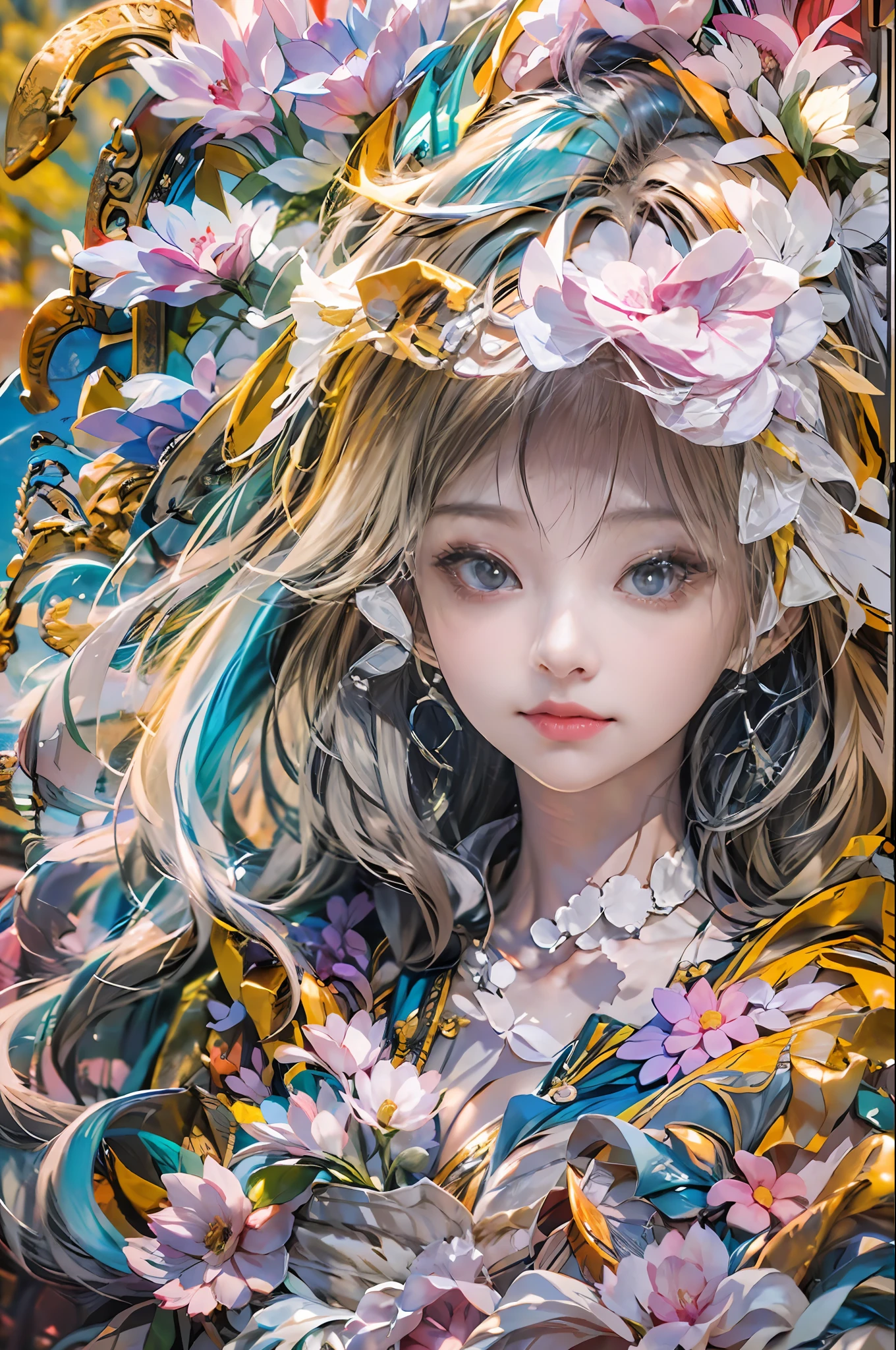 Rainbow" Theme, (1 girl, Masterpiece Snow Mountain), (Illustrator: 1.2, paper art: 1.2, Zen entanglement: 1.8, Geometry: 1.2,3D rendering of), (Best quality, Detailed details, Masterpiece, offcial art, movie light effect, 4K, Light and dark contrast)