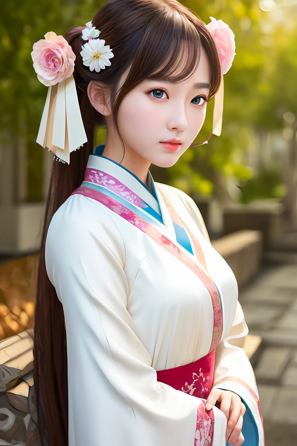 masterpiece,high quality,high-definition,extremely detailed,1girl, detailed eyes, detailed face, upper body, breast,brown eyes,hanfu,white dress,