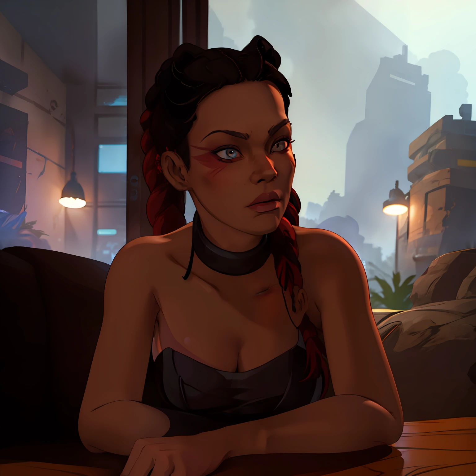loba from apex legends in a cyberpunk bar in a dyanimc pose with moody lighting