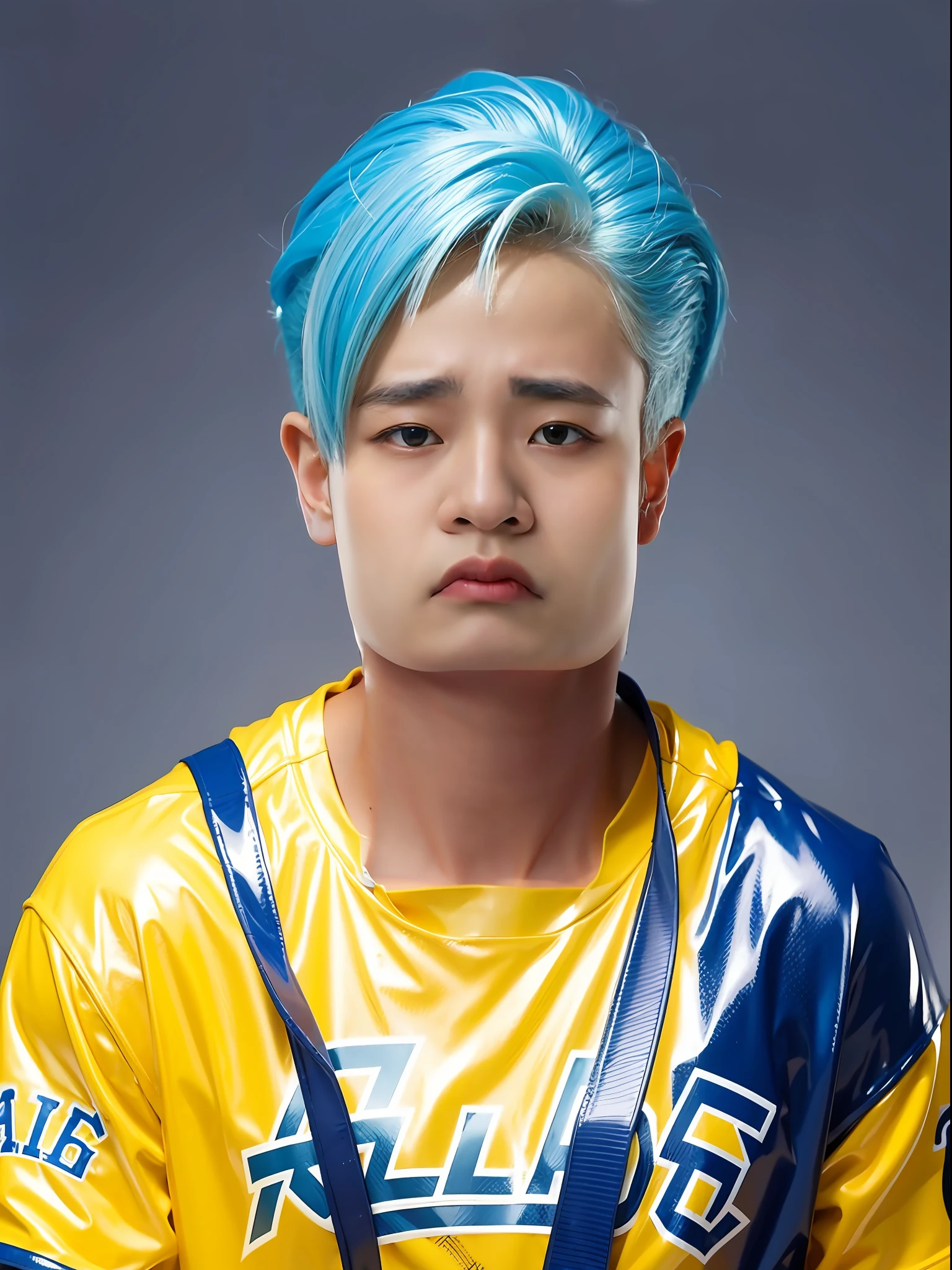 A 16-year-old male high school student,Wearing a PVC yellow baseball shirt,skyblue hair