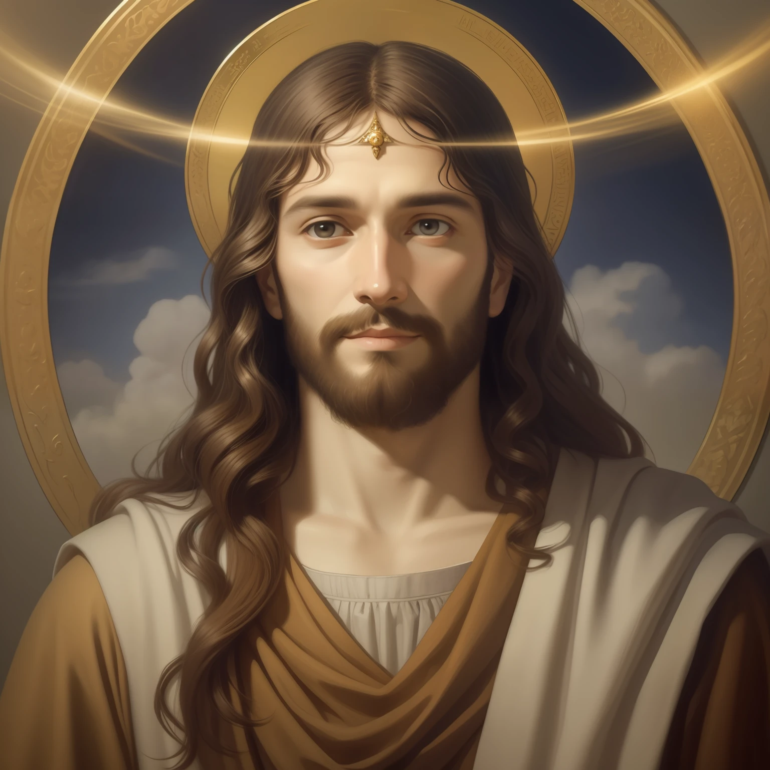 A beautiful ultra-thin realistic portrait of Jesus, the prophet, a man 34 years old Hebrew brunette, short brown hair, long brown beard, with, wearing long linen tunic closed on the chest part, in front view, full body, biblical, realistic,by Diego Velázquez,Peter Paul Rubens,Rembrandt,Alex Ross,8k, Concept Art, PhotoRealistic, Realistic,  Illustration, Oil Painting, Surrealism, HyperRealistic, Digital art, style, watercolor 
a 3D Realistic of jesus with a halo in the sky, jesus christ, smiling in heaven, portrait of jesus christ, jesus face, 33 young almighty god, portrait of a heavenly god, greg olsen, gigachad jesus, jesus of nazareth, jesus, the face of god, god looking at me, he is greeting you warmly, he is happy, avatar image