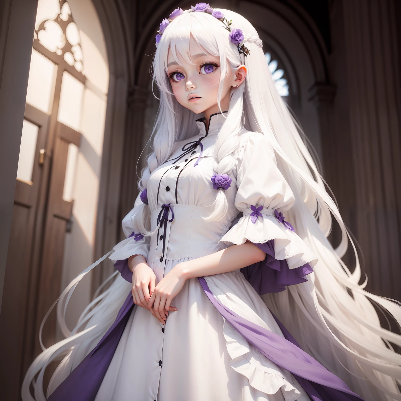 a girl, long white hair, purple eyes, white dress