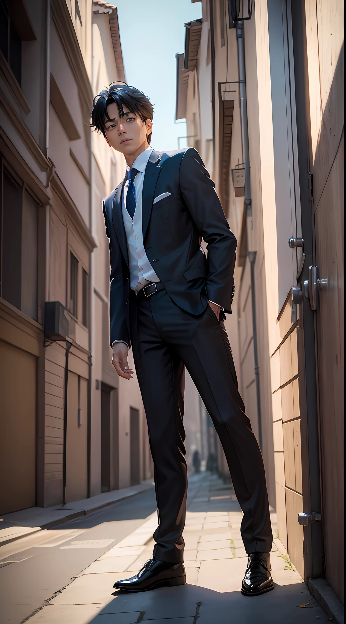 Shinichi Kudo, (((Kudo Shinichi))), in anime detective conan, Realistic, Photorealistic, (masterpiece:1,5), urban backdrop, concept art, intricate detail, high detail, photo realistic, octane render, 8k, dynamic poses, top quality, (realistic face : 1.1), (hyperrealistic:1.1), ((full_body 1:1)), (very detailed background), not out of frame, Very detailed