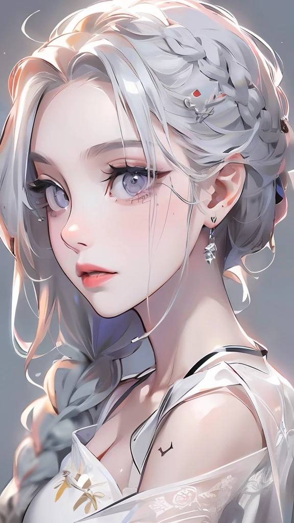 Best quality, highly detailed, masterpiece, ultra detailed, (reality: 1.2), 1 girl, (white background), simple background, delicate eyes, silver hair, purple eyes, hair_ornament, (white off-the-shoulder shirt: 1.3), long hair, pointy_ears, crown_braid, expressionless, straight hair, (++ sitting: 1.2), room,