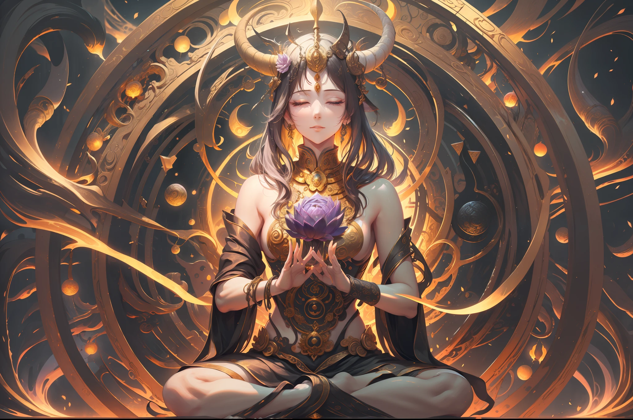Imagine a serene scene inspired by Buddhist philosophy, where a vibrant lotus flower stands against a backdrop of rich yellow hues. The lotus, symbolizing purity and enlightenment, blooms with intricate petals that exude a sense of tranquility. As you gaze deeper into the image, you notice the arrangement resembling a mandala, with the twelve zodiac signs gracefully positioned like the hands of a clock. This fusion of Buddhist symbolism and astrological elements creates a harmonious blend, inviting contemplation and a sense of timeless connection.
