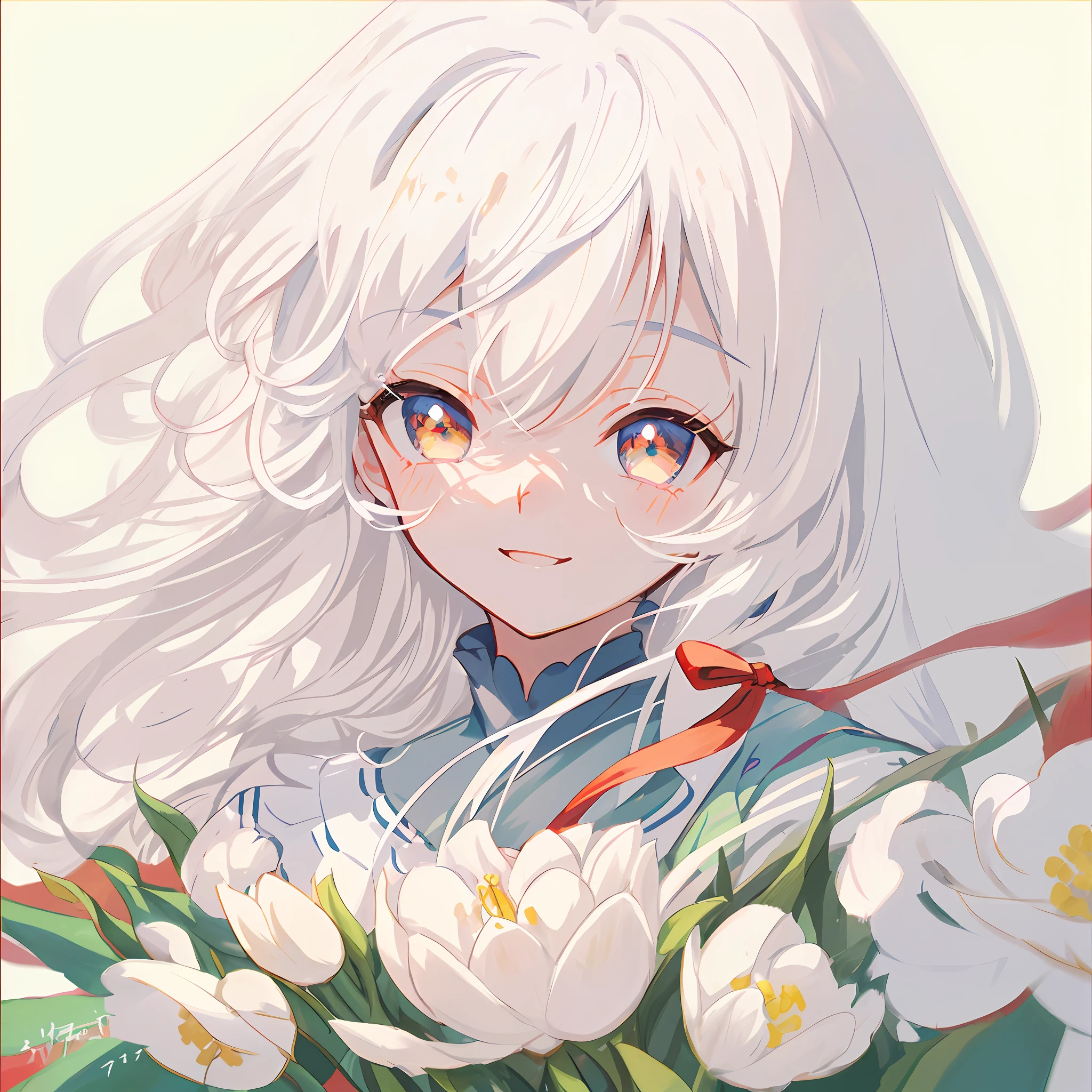 blue hair, golden eyes, anime, ghibli, anime style, close up, from side, first-person perspective, 8k, super detail, masterpiece, super detail, high quality, high resolution, high detail, white background, face detail, happiness, curly hair, hydrangea in hand,