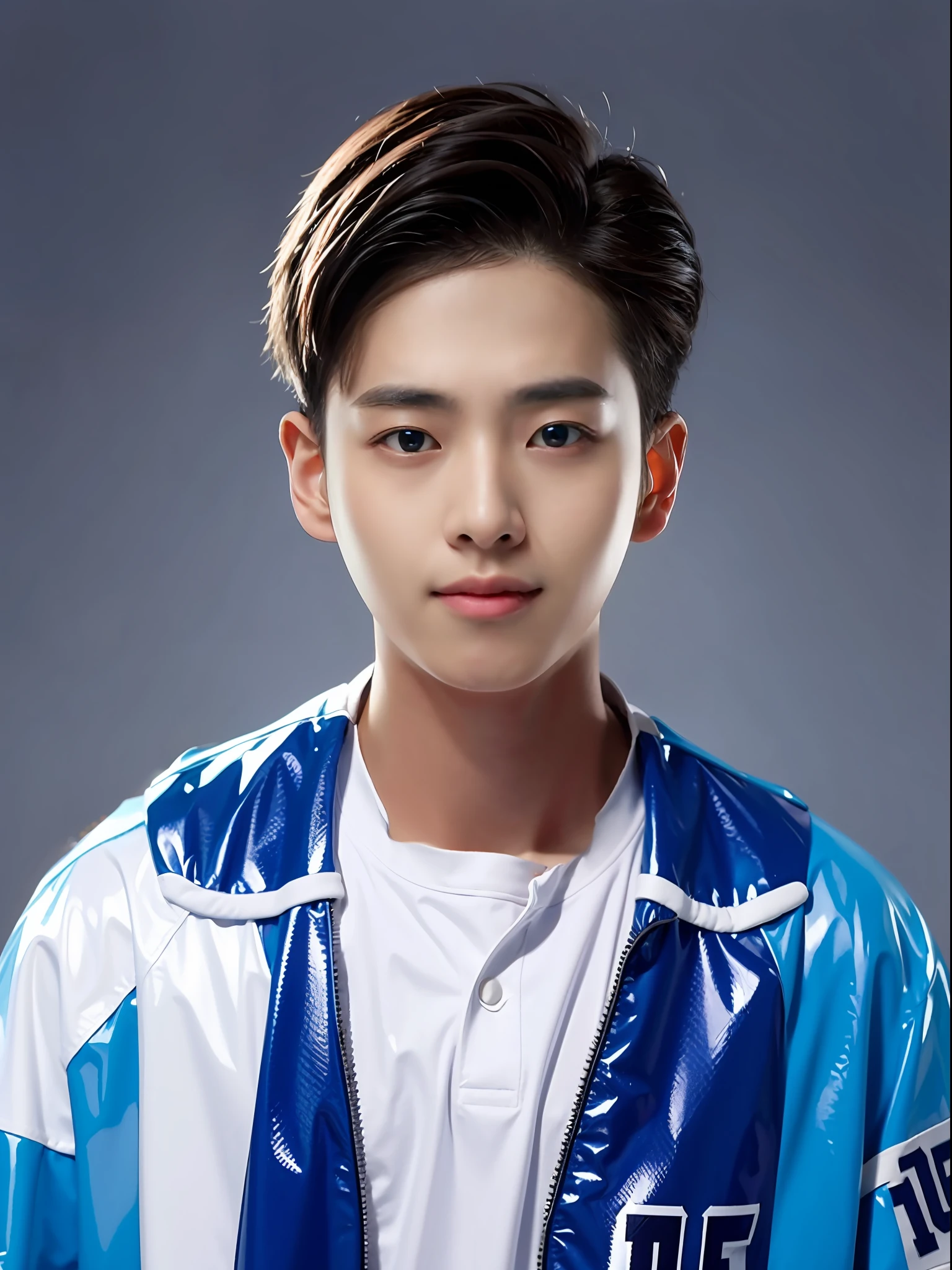 A 16-year-old male high school student,Wearing a PVC blue baseball shirt,Cyan mid-headed