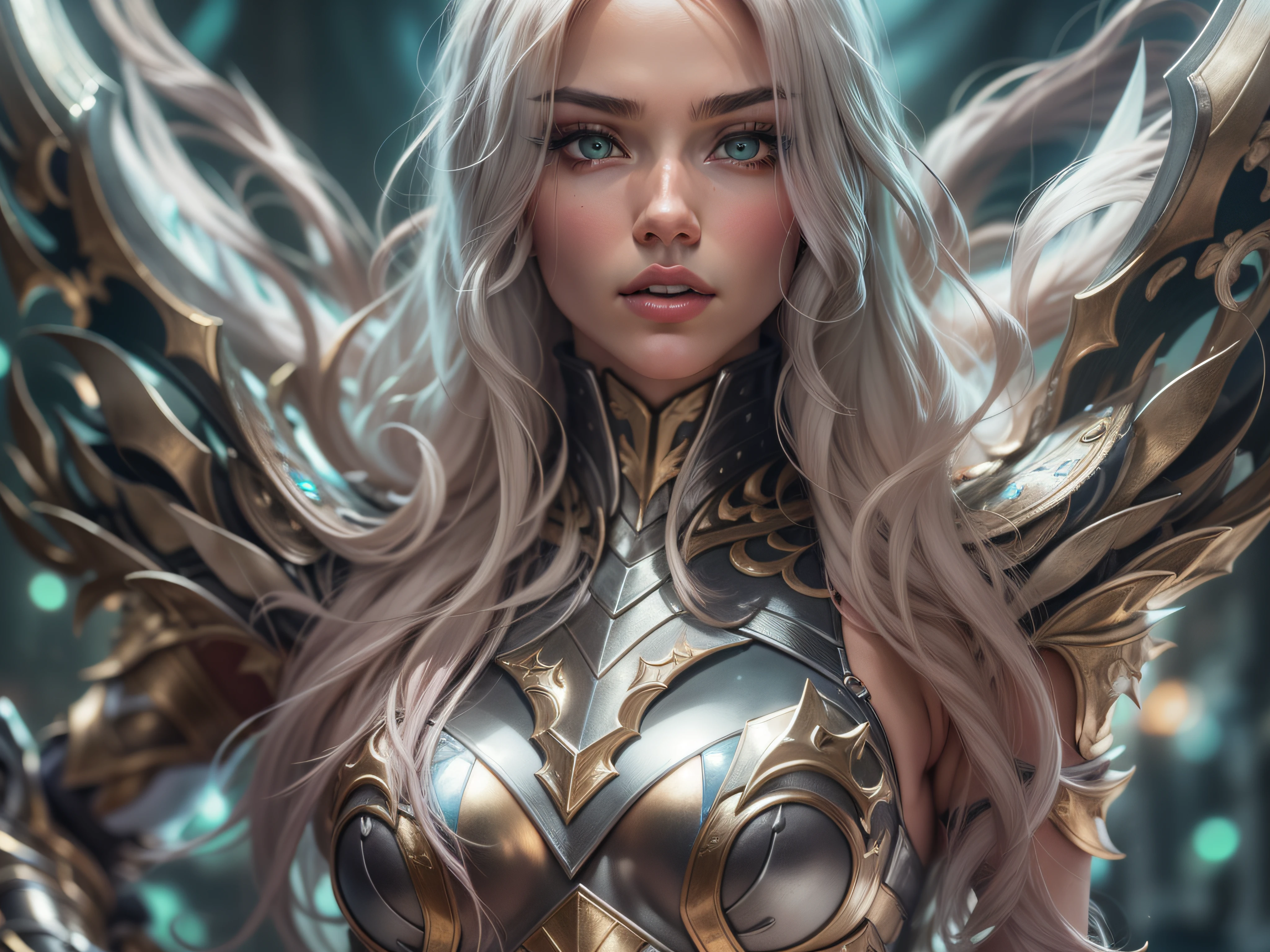 um close up de uma mulher em um terno brilhante com armadura, wearing witchblade armor, armadura impressionante, armadura bonita, unreal motor render saint seiya, menina na armadura do cavaleiro, Menina da armadura, Bikini Armor Cavaleiro Feminino, Cinematic Goddess Body Shot, cosplay ornamentado, 8K Artgerm Bokeh, shiny plastic armor, usando armadura de fantasia, armadura de fantasia escaneosa