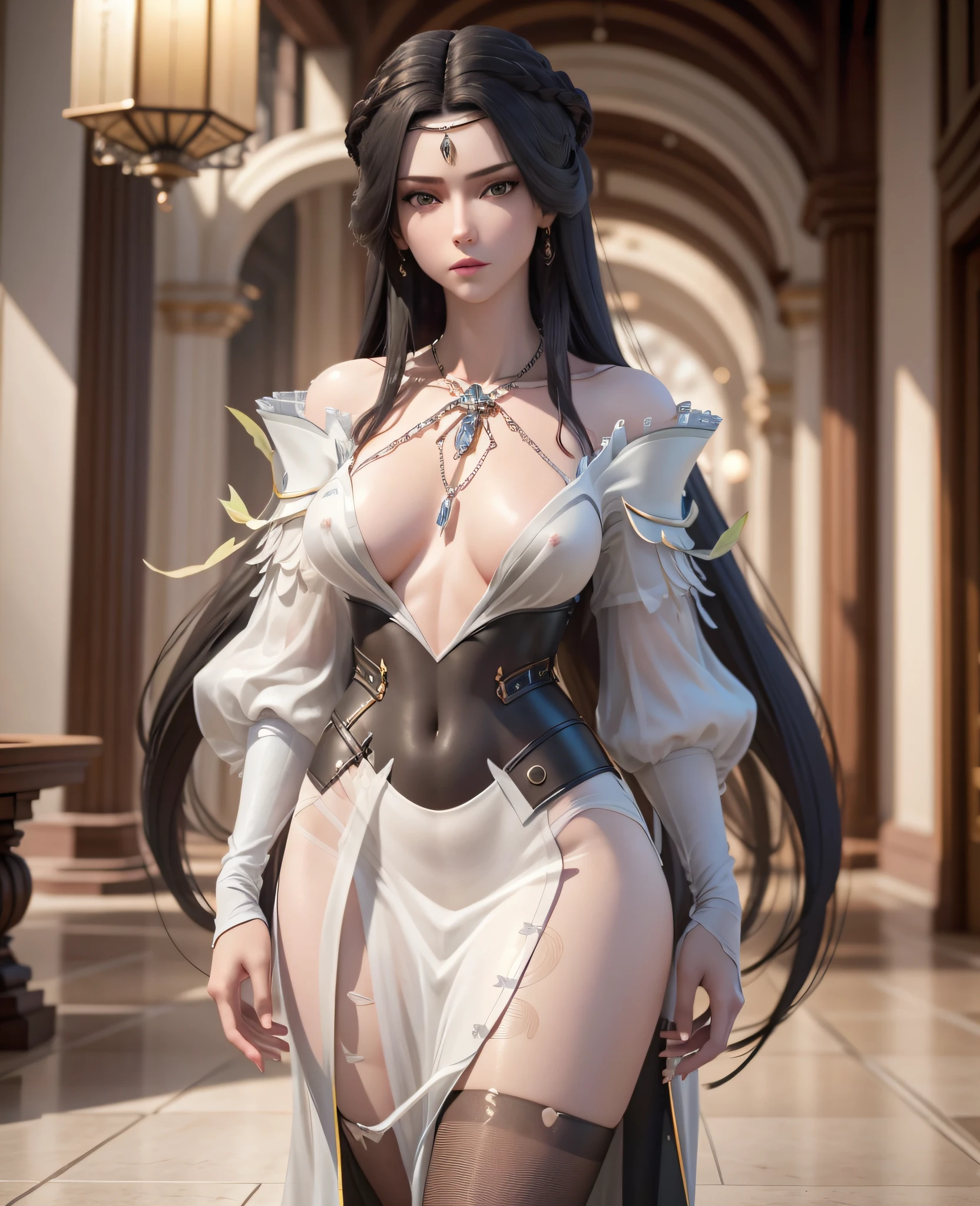 (makeup:0.3), beautiful Medium beasts, nsfw, , , full body shot:1.3,bokeh:1.2,  indoors, detailed luxury living room,  model pose, standing, (small_head),
1 girl,fit, solo, nun,collarbone:1.3, pelvic_curtain:1.3,white pantyhose, smooth skin, necklace,
black_hair,  long legs,   long hair,  tiny_waist, realistic_detailed_skin_texture,  good hands, good feet,  (8k, RAW photo, best quality, masterpiece:1.2), (realistic, photo-realistic:1.37), ultra high res, photon mapping, radiosity, ((Hasselblad photography)),physically-based rendering, professional soft lighting, light on face,
fishnet, pantyhose, bodysuit, solo, bigboobs, naked