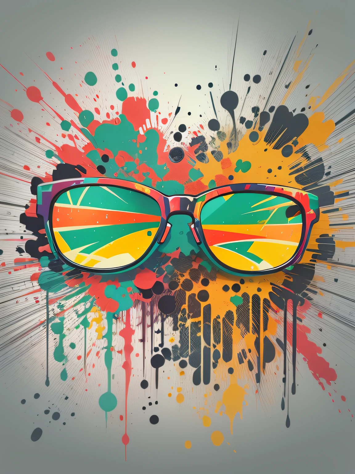 vector art, Colorful illustration with graffiti glasses, in the center, Bright colors, paint splashes and blots, high detail, whitebackground