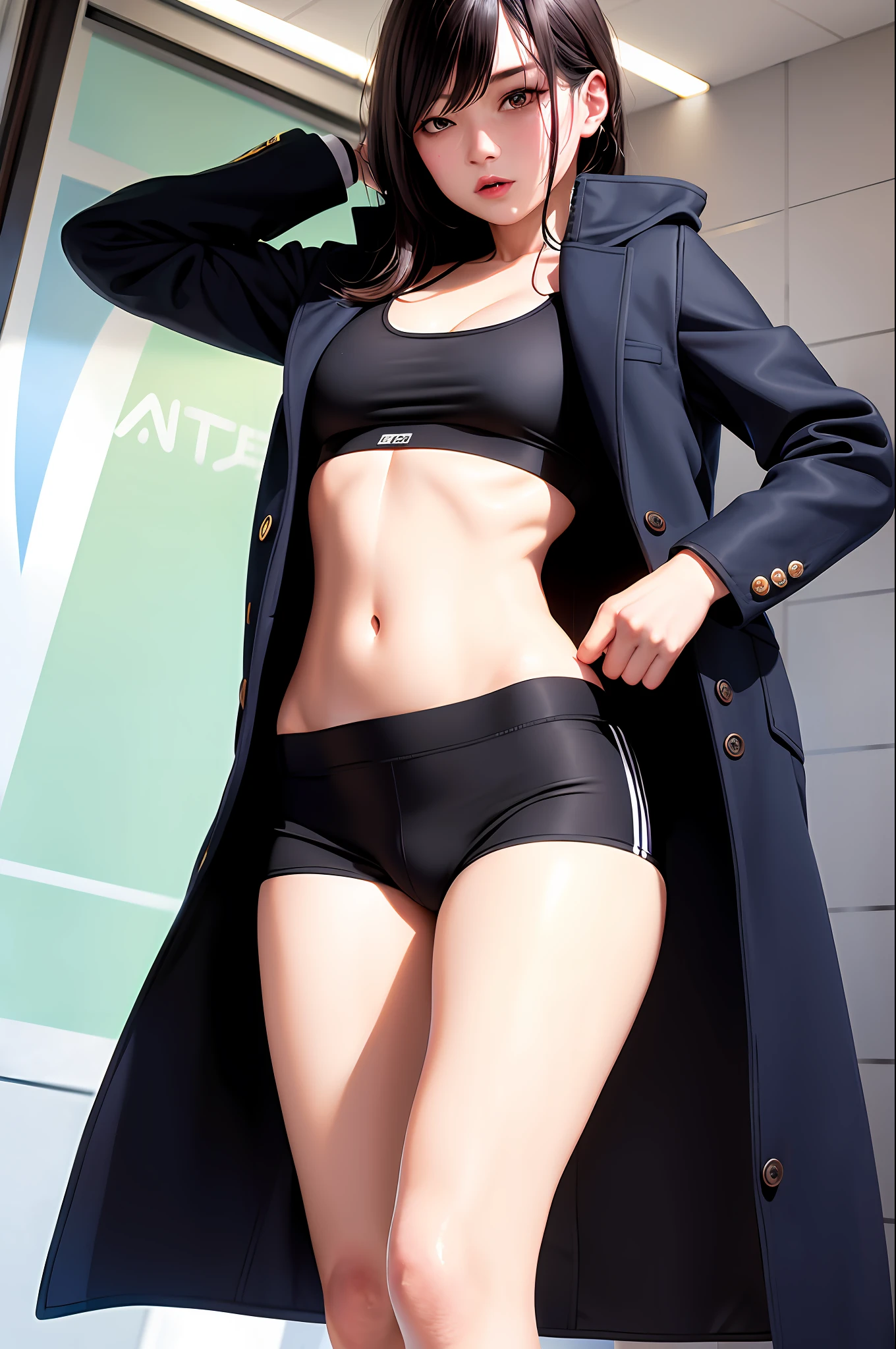 The coat is open,sport underwear,Leaking out of the chest,female pervert