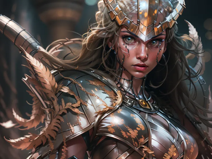 um close up de uma mulher em um terno brilhante com armadura, wearing witchblade armor, armadura impressionante, armadura bonita...