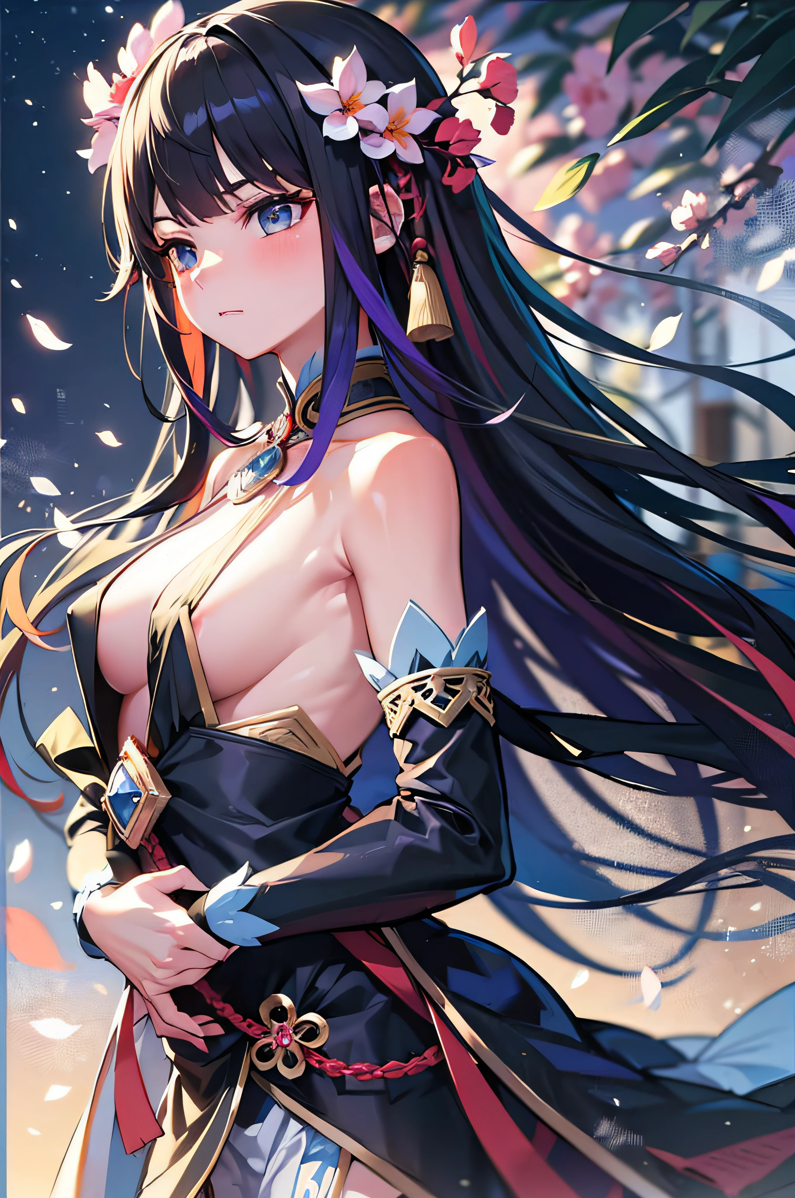 solo, beautiful female, wuxiaworld, Ancient Chinese Articles of Clothing, wind blow, blossom, on the fog road, long hair, gradient hair, black hair, blue hair, purple hair, silver hair, long hair, lonely, ray tracing, reflection light, depth of field, close-up, cowboy shot, masterpiece, best quality, high details, high quality, ccurate, textured skin, UHD