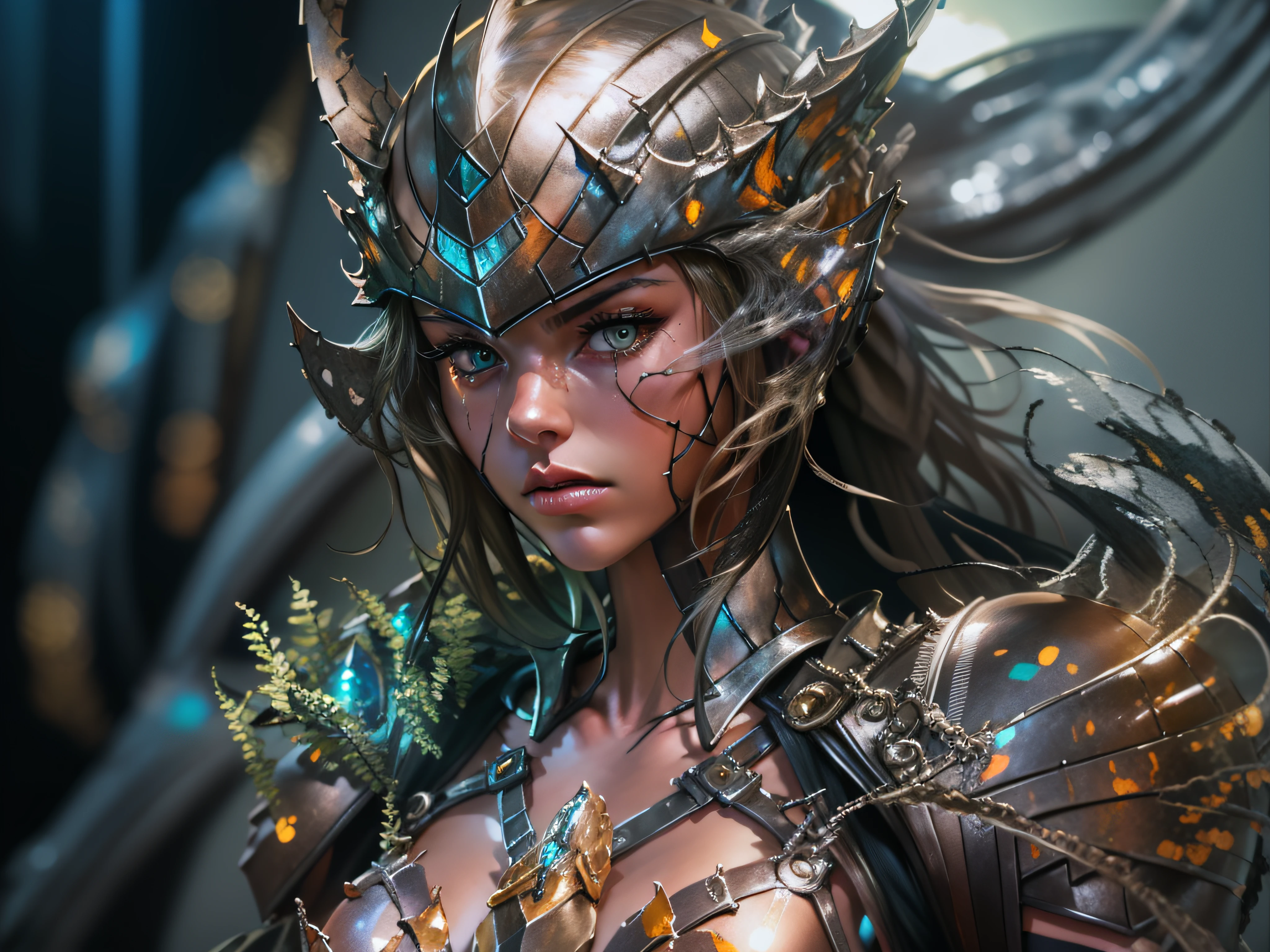 um close up de uma mulher em um terno brilhante com armadura, wearing witchblade armor, armadura impressionante, armadura bonita, unreal motor render saint seiya, na armadura do cavaleiro, Meninamadura, Bikini Armor Cavaleiro Feminino, Cinematic Goddess Body Shot, cosplay ornamentado, 8K Artgerm Bokeh, shiny plastic armor, usando armadura de fantasia, armadura de fantasia escaneosa