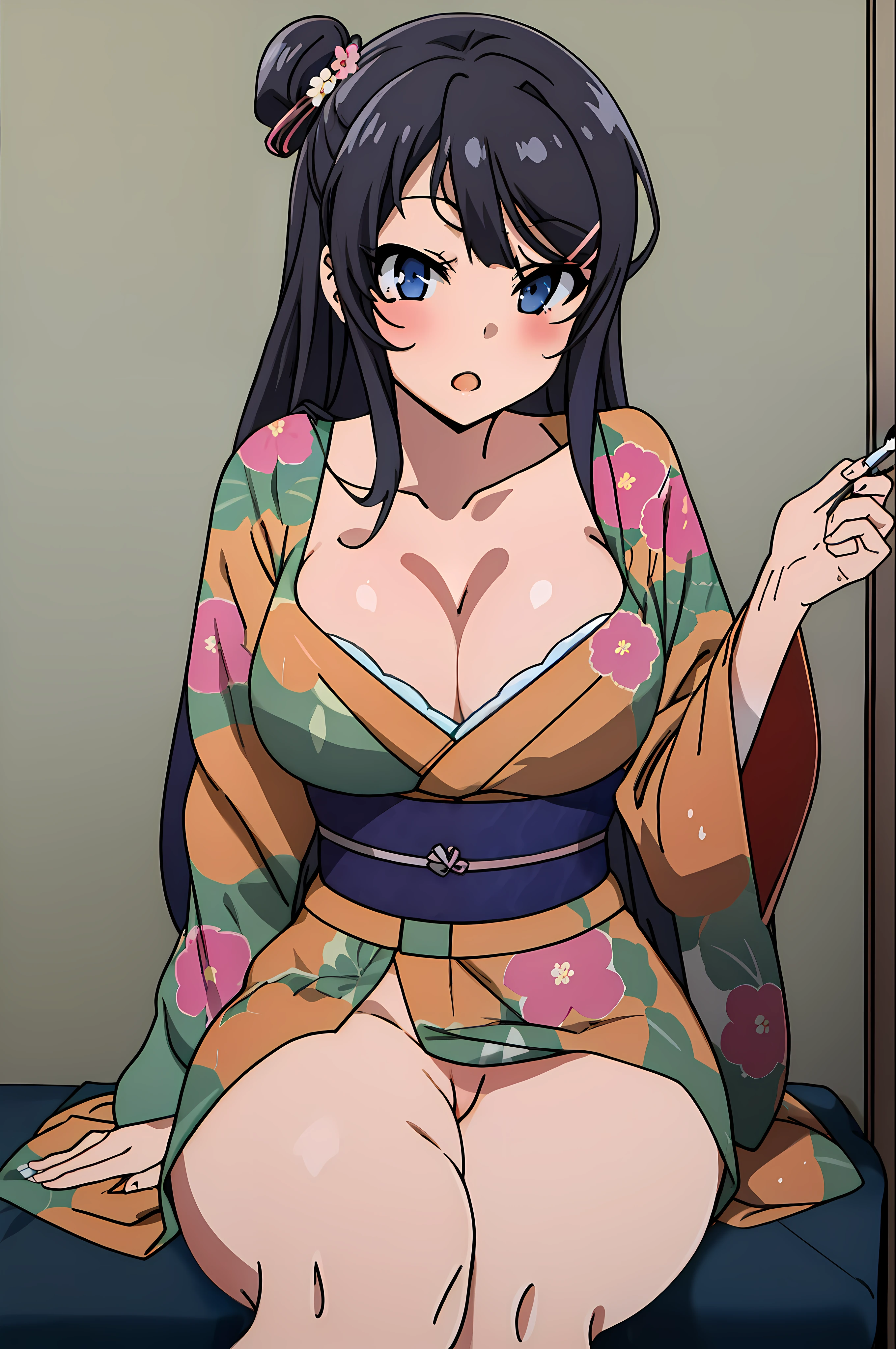 sakurajima mai, mai-san, (masterpiece), 1girl, japanese clothes, solo, sexy kimono, kimono, show pussy, pussy, show bra, no panties, black bra, medium breasts, cleavage, blush, paintbrush, calligraphy brush, bedroom background, bare breasts, off breast, looking at viewer, sash, smile, collarbone, sitting, obi, floral print, wide sleeves, parted bangs, between breasts, holding, open mouth, nsfw, low-necked, sexy, spread legs, (high resolution)