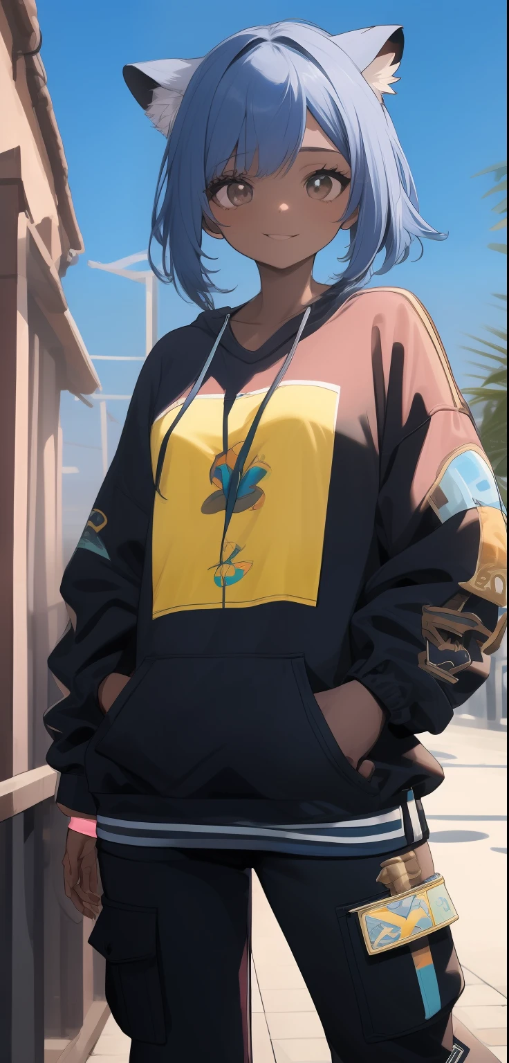 brazilian woman, dark skin, perfect brown eyes, details, elf ear, eyebrow, smiling, lips, short straight blue hair, dyed nape pink, Coolane Rhinestone Skeleton Pattern Cami Top With Sweatshirt Super Short, Dianhua Men's Cargo Pants Harem joggers in casual hip hop sweatshirt with multiple pockets, thin waist, thick legs, thick thighs, background scenery, ultra detailed rio de janeiro, beach, night light, night, beautiful night