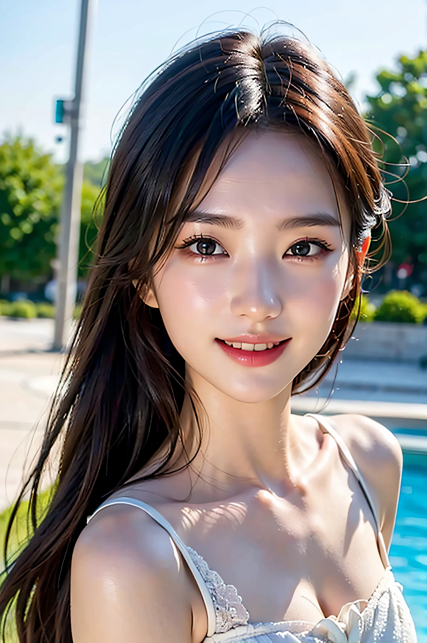 (photoRealstic:1.4)、(hyper realisitic:1.4)、(reallistic:1.3)、(Smooth lighting:1.05)、(Improved cinematic lighting quality:0.9)、32K、1girl in、20 years girl、Realistic lighting、back lighting、Facial Lights、raytrace、(Whitening light:1.2)、(Image quality improvement:1.4)、(Best image quality real skin:1.4)、kawaii eyes、finerly detailed face、finely eye、(Increased mood of the body line:1.1)、(Increased beauty of skin texture:1.1),Immediately after getting out of the pool、Look here、Hair swaying in the wind、There is movement、Nice with a good smile、A petite Japan woman of about 153 cm、