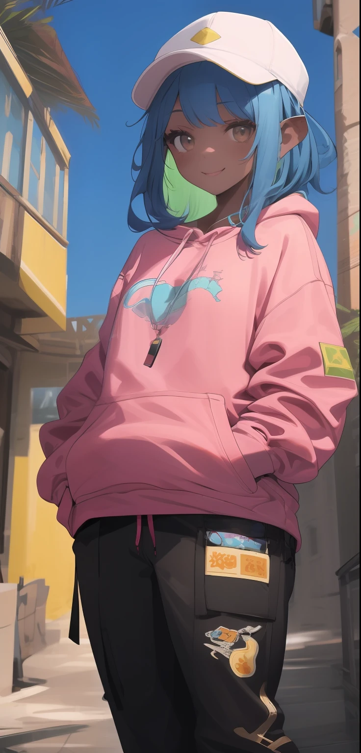 brazilian woman, dark skin, perfect brown eyes, details, elf ear, eyebrow, smiling, lips, short straight blue hair, dyed nape pink, Coolane Rhinestone Skeleton Pattern Cami Top With Sweatshirt Super Short, Dianhua Men's Cargo Pants Harem joggers in casual hip hop sweatshirt with multiple pockets, thin waist, thick legs, thick thighs, background scenery, ultra detailed rio de janeiro, beach, night light, night, beautiful night