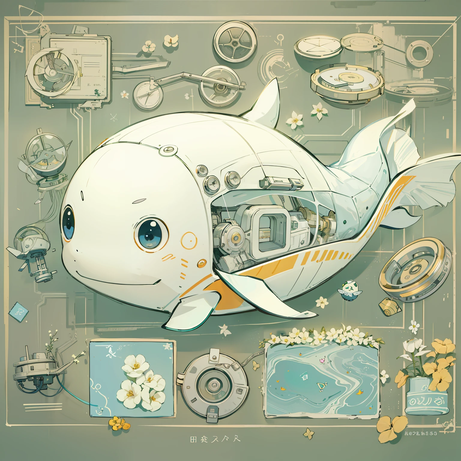Q version,quadratic element,A cute mechanical whale,Background with:white colors,best qualtiy