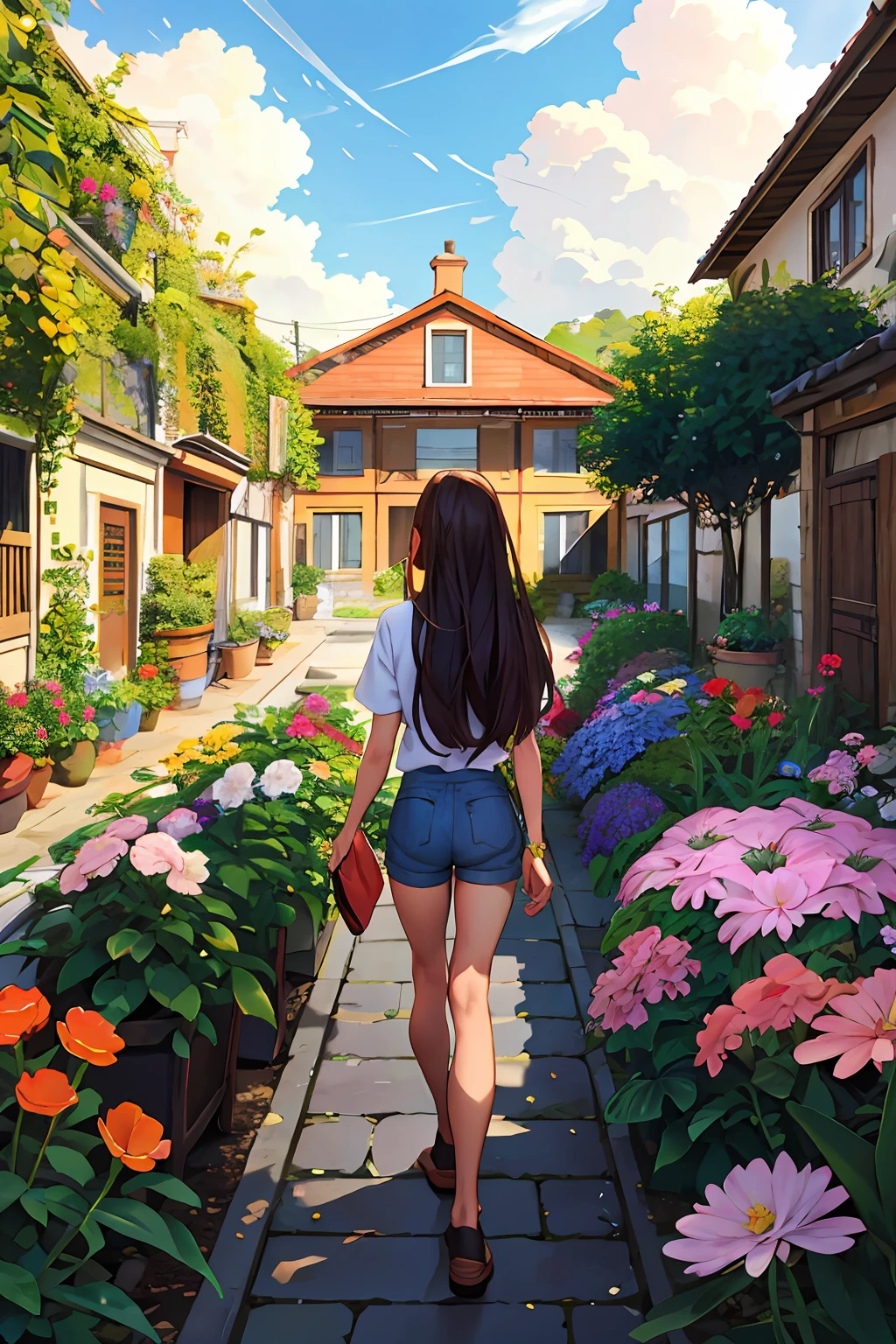 masterpiece, best quality,1girl,young girl,brown eyes,long hair,shameful _face,shiny skin,(nice leg line:1.3),thin waist,huge breasts,
BREAK
, Landscaped_garden_with_a_variety_of_plants_and_flowers,
BREAK
around crowd:1.1,depth of field,looking at viewer,standing,from behind,upper body