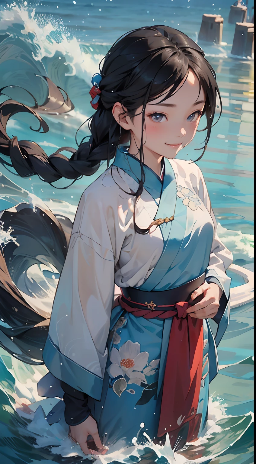 Masterpiece, 1girll, Close up, Wear blue Hanfu, Chinese Traditional Cloth, ((Hold the water sword,)) Long black hair, hair braids, blue waves background, Water Effects, Ink painting style, Belly button, Wet, Soaked, Smile，Big waves，The waves are flying，Splash，Medium shot