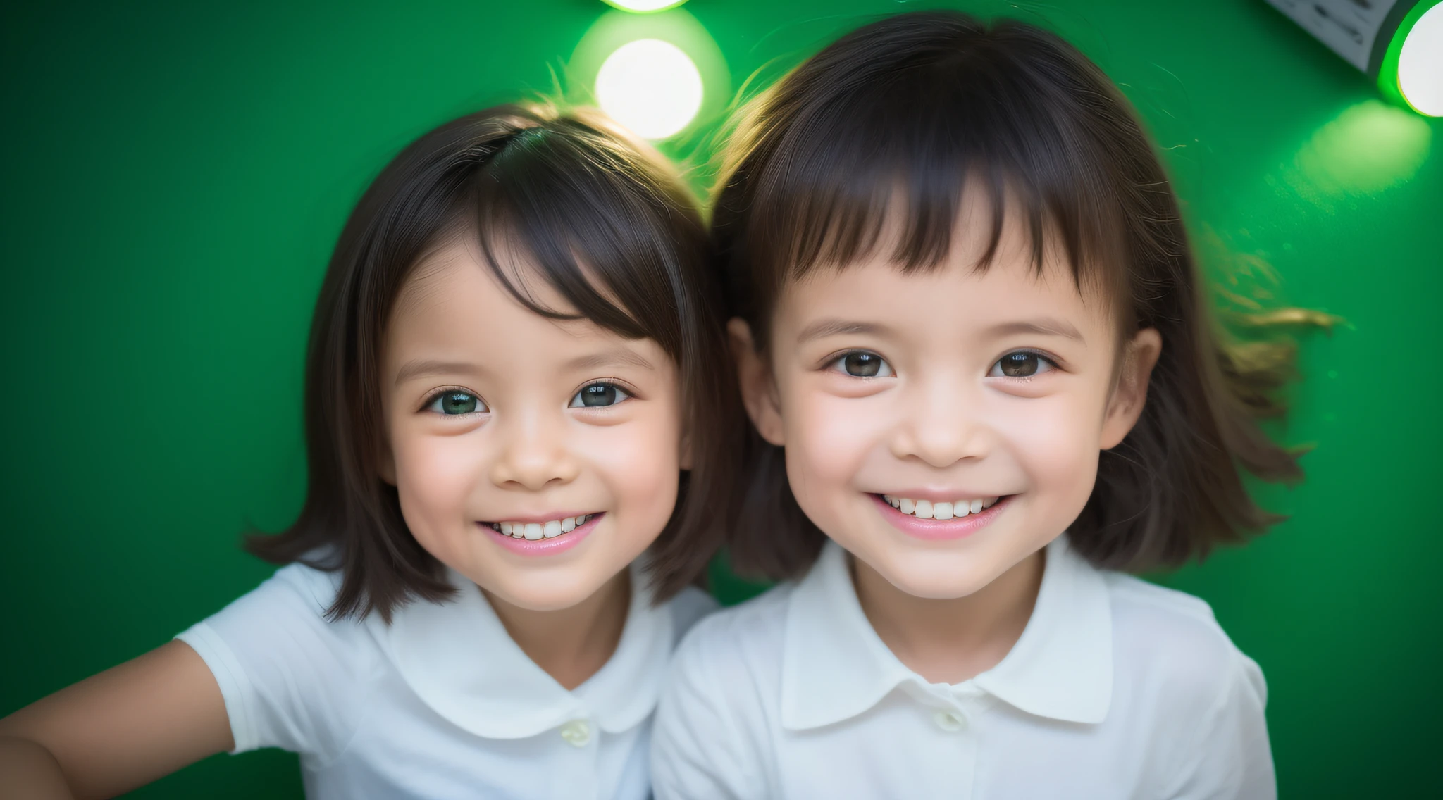Estilo moderno, fundo branco, children's identification photo, bonito, sorridente, olhos escuros, cabelo curto, gravata borboleta, claro, de alta qualidade, soft green lights in children's hair.