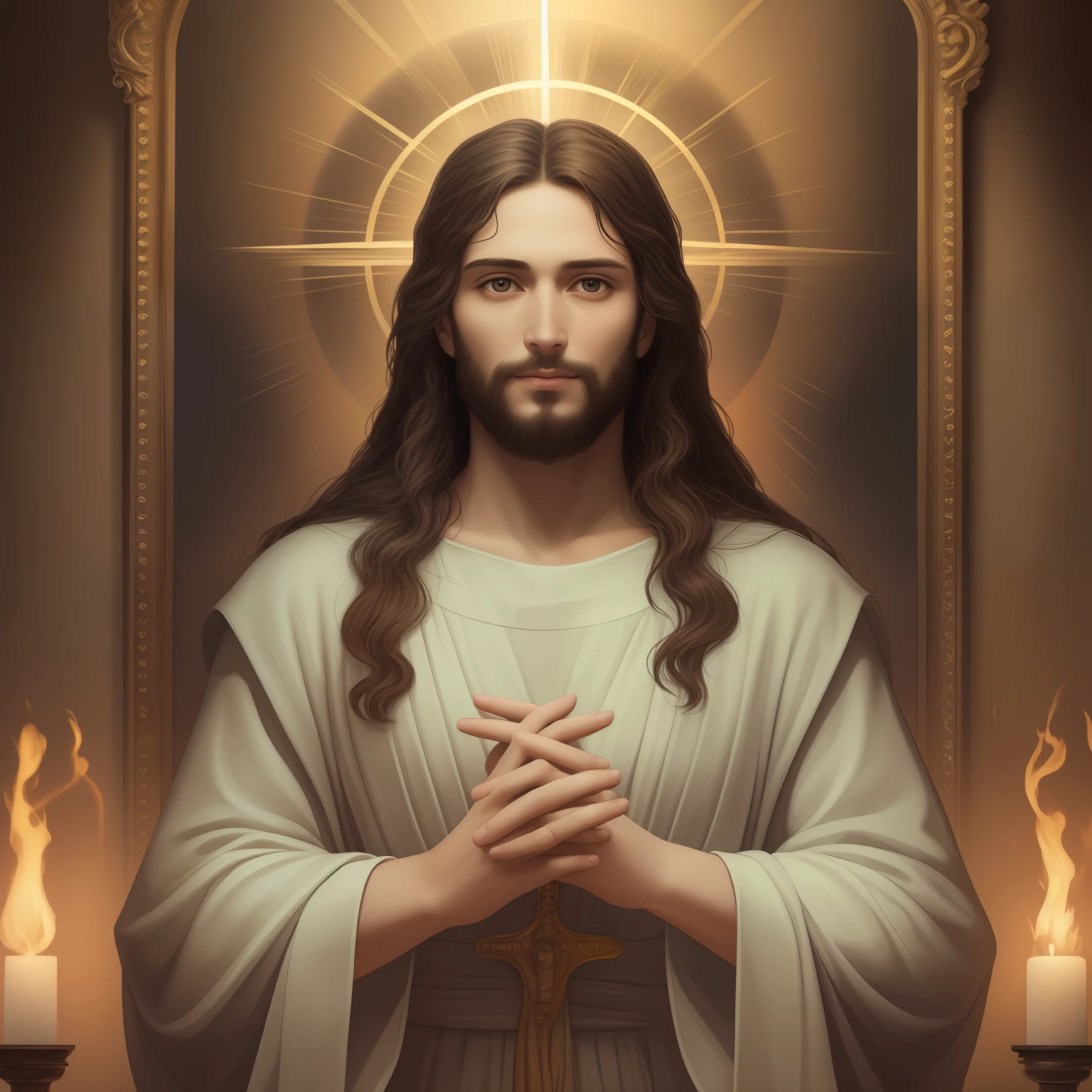 a 3D Realistic of jesus with a halo in the sky, jesus christ, smiling in heaven, portrait of jesus christ, jesus face, 33 young almighty god, portrait of a heavenly god, greg olsen, gigachad jesus, jesus of nazareth, jesus, the face of god, god looking at me, he is greeting you warmly, he is happy, avatar image