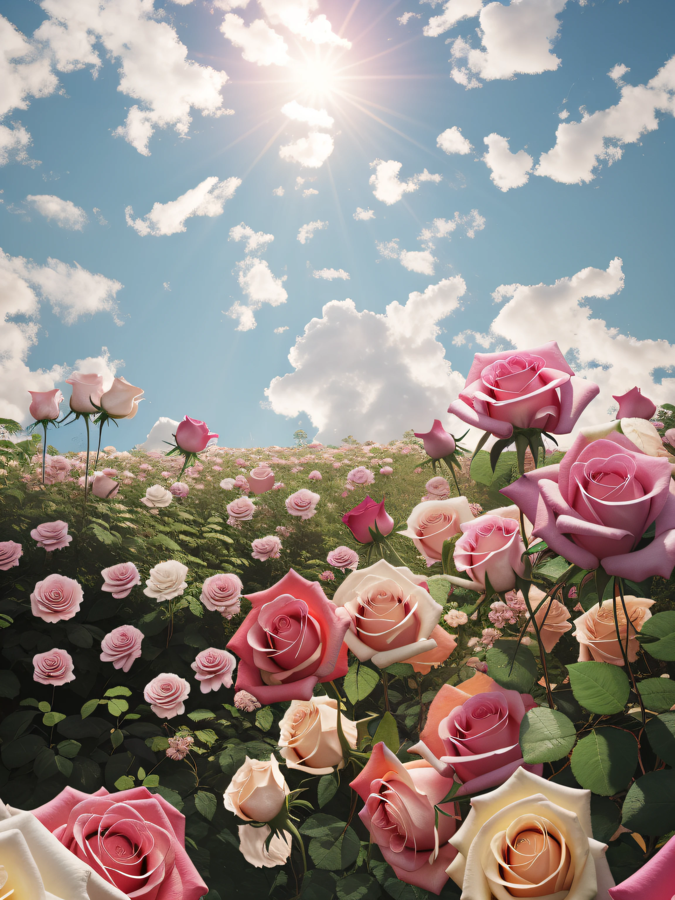 There are a lot of pink and white roses in the field, Realism | beeple, an aesthetic field of flowers, beeple. hyper photorealism, 🌺 CGSesociety, heavenly colors, Beeple e James Jean, roses in cinematic light, beeple!!, 3 d render beeple, beeple daily art, Higher fidelity, background is heavenly