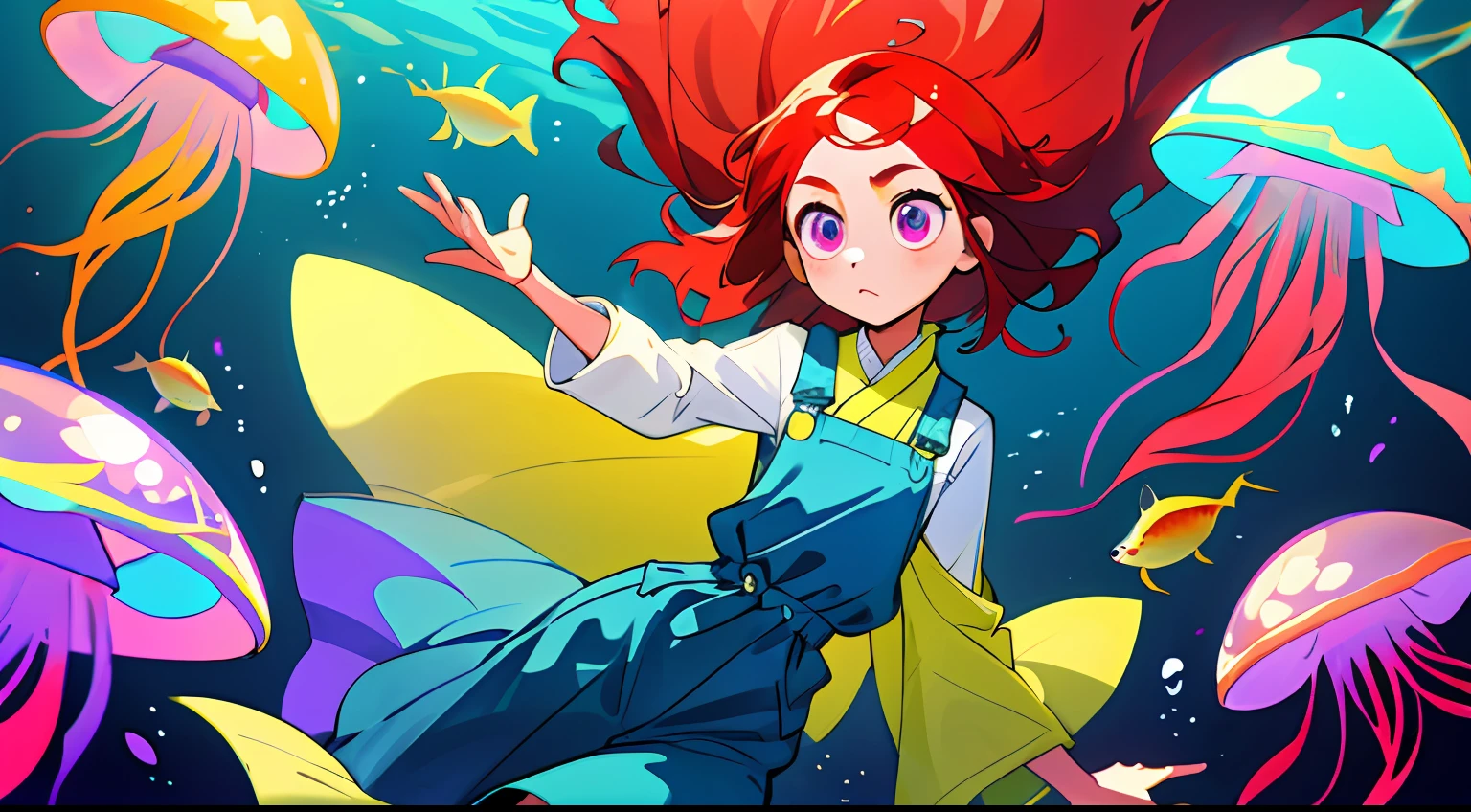 Girl with red hair，a purple eye，Hair fluttering in the water，The girl's age is about 7~Around 8 years old，Next to it is jellyfish，The colors of jellyfish are purple and yellow，and fish, and the overall color of the fish is blue and red, and there are some blue bubbles floating in the water。The overall tone is bluish。Floats on the side
