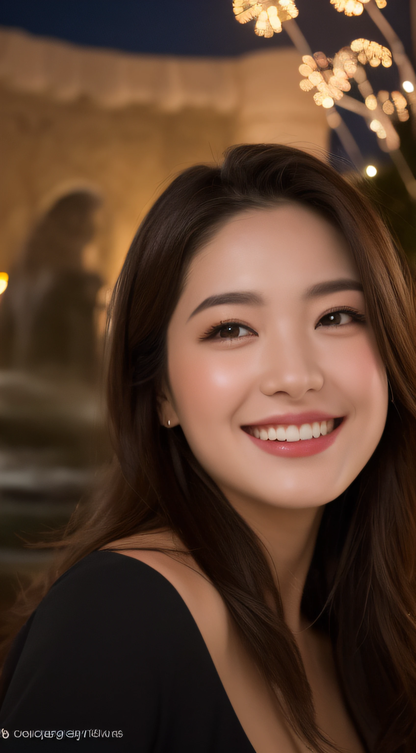 ((Night Scene, Realistic Light, Best Quality, 8k, Masterpiece: 1.3)), 1 Girl, Slim Body Beauty: 1.4, Brown Hair, (Big: 1.3), Off Shoulder Cut Top: 1.3, Ultra Detailed Face, Detailed Eyes, Double Eyelids, Disneyland, Fountain, Castle, Fireworks, Smile, Cleavage, Saggy