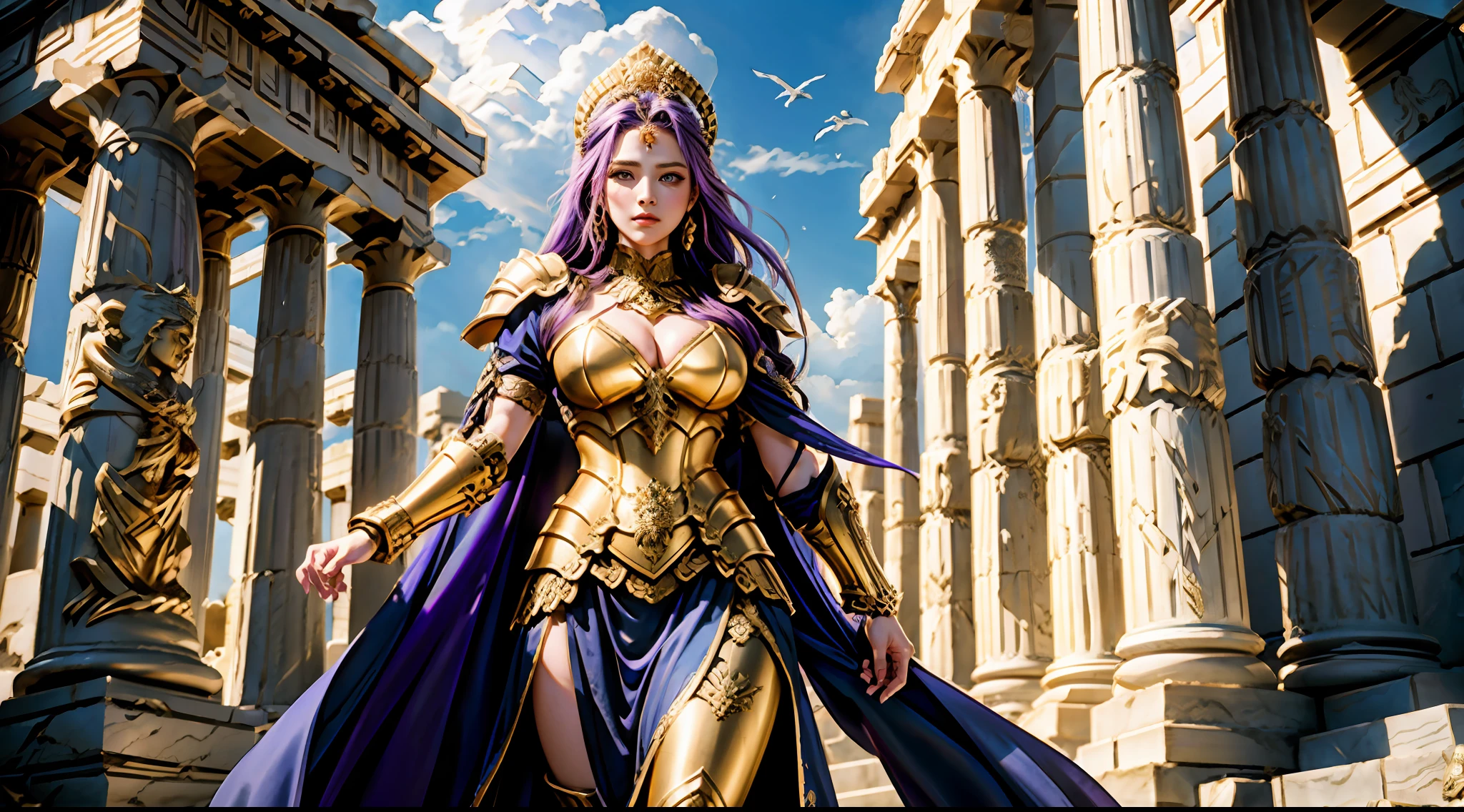 （tmasterpiece）， （best qualtiy：1.4）， [：intricately details：0.2]， Goddess of War，Large breasts，Heavy golden armor，Holding a shield，Purple colored hair，Gorgeous and intricate patterns，Greek temple，dramatics，dynamicposes