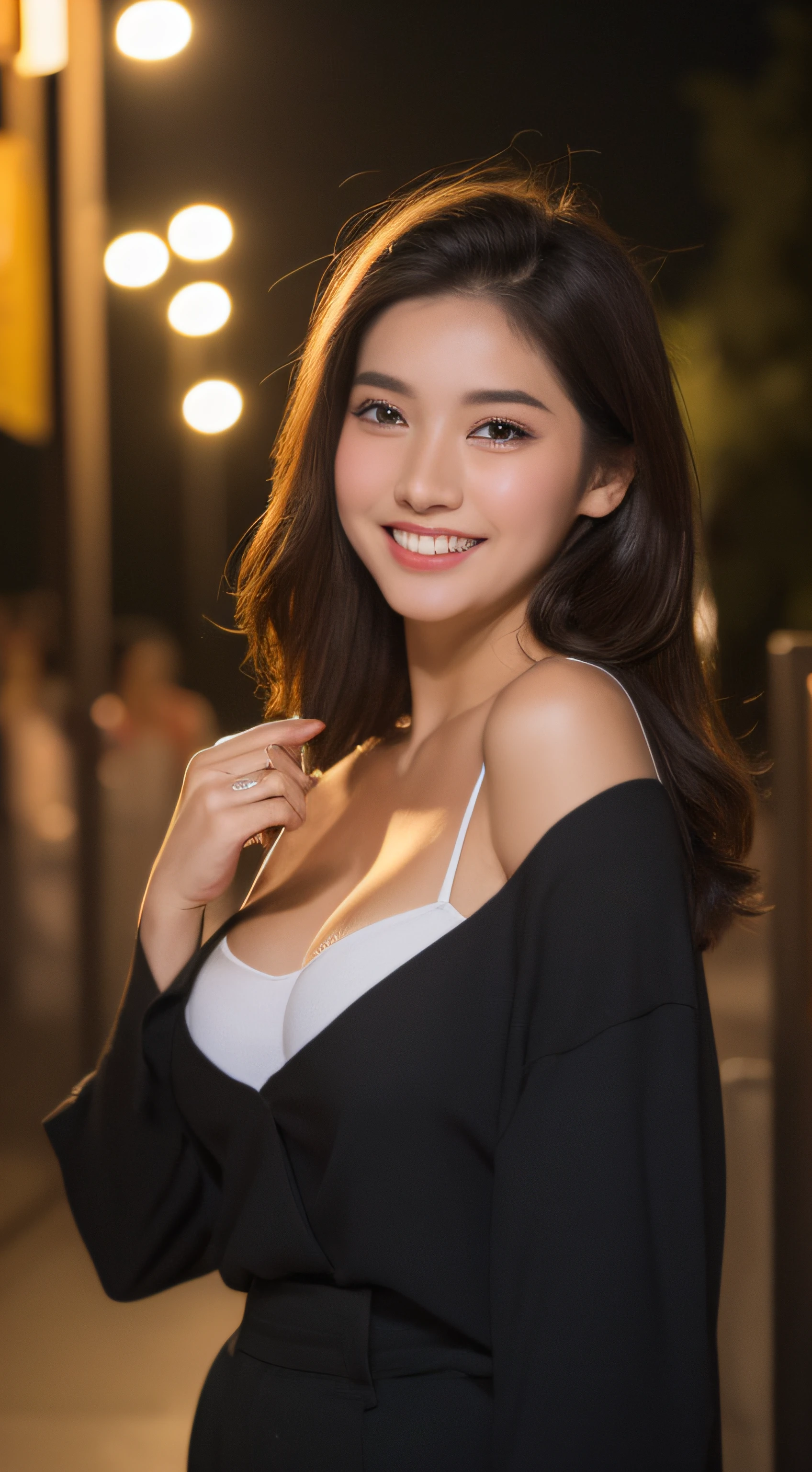 ((Night Scene, Realistic Light, Best Quality, 8k, Masterpiece: 1.3)), 1 Girl, Slim Body Beauty: 1.4, Brown Hair, (Big: 1.3), Off Shoulder Cut Top: 1.3, Ultra Detailed Face, Detailed Eyes, Double Eyelids, Disneyland, Fountain, Castle, Fireworks, Smile, Cleavage, Saggy