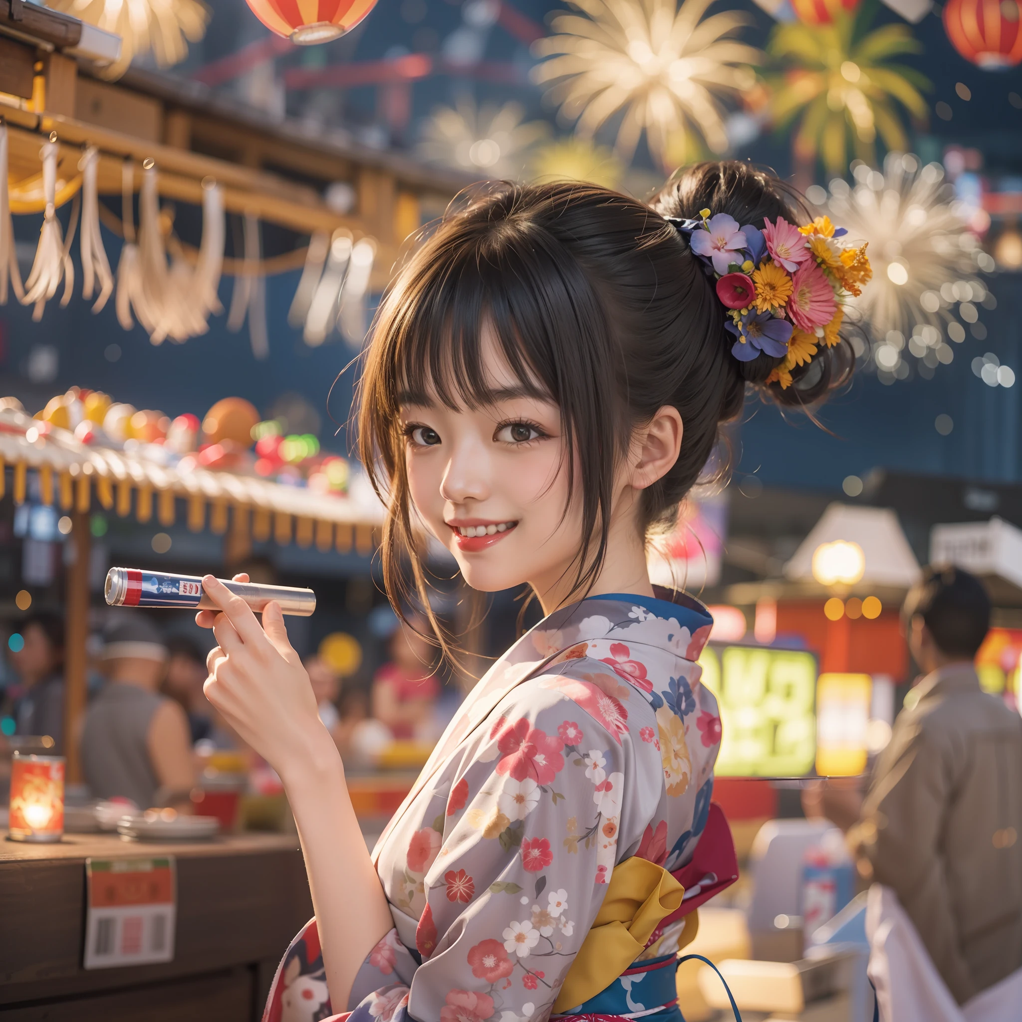 Komono,Girl in Yukata,Outstanding smile,Summer Festivals,natta,food stand,Spirit Stream,Big  Fireworks,poneyTail,Top image quality,8K