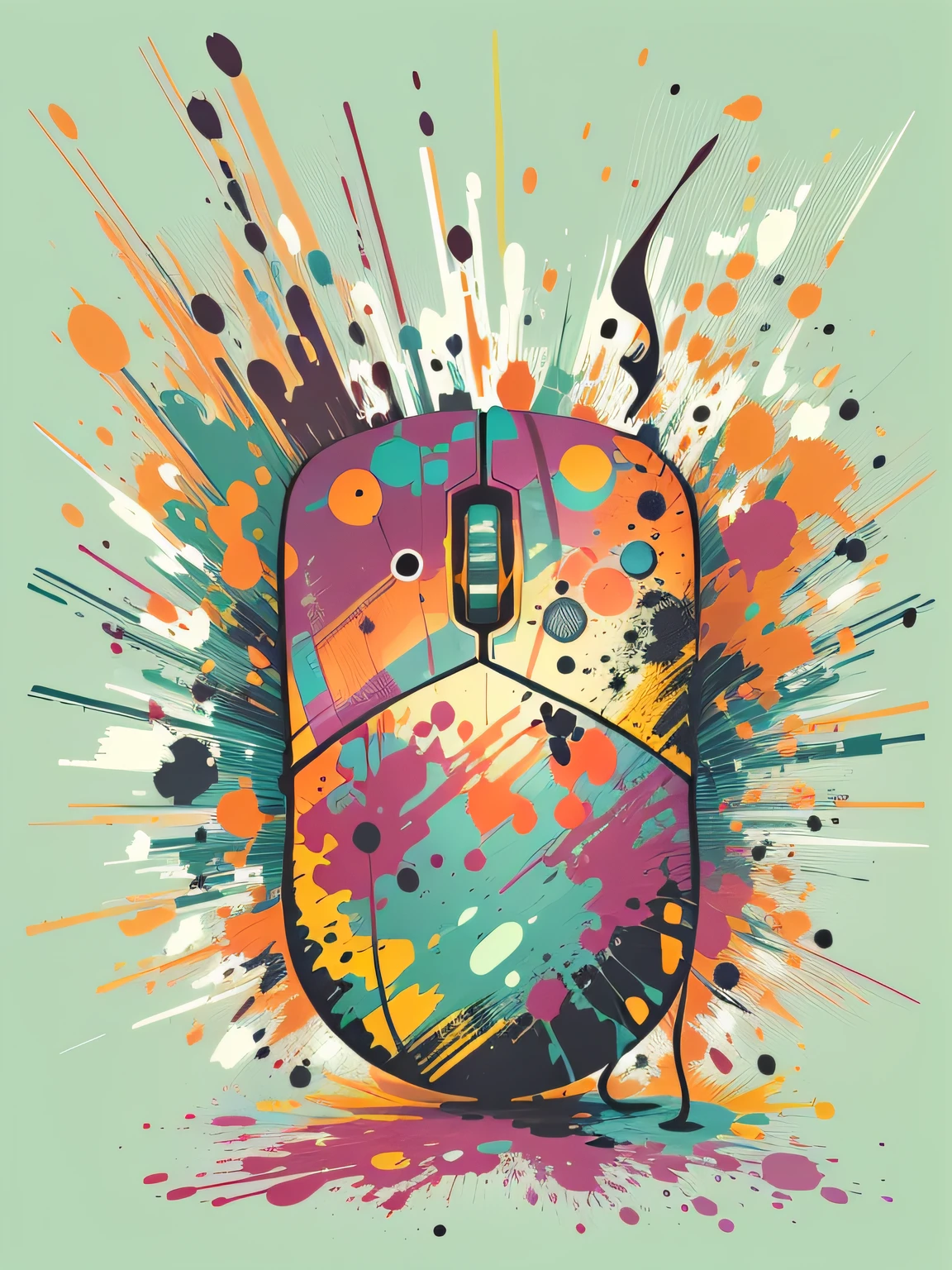 vector art, Colorful graffiti illustration computer mouse, in the center, Bright colors, paint splashes and blots, high detail, whitebackground