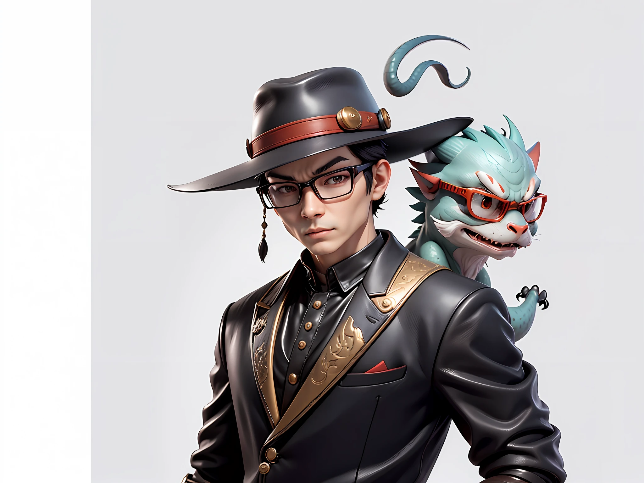 Young man with oriental face in leather hat, dragon, formal suit, short black hair, silver glasses, digital painting, 3D character design by Mark Clairedon and Pixar and Hayao Miyazaki and Akira Toriyama, the illustration is a high-definition illustration in 4K resolution with very detailed facial features and cartoon-style visuals.