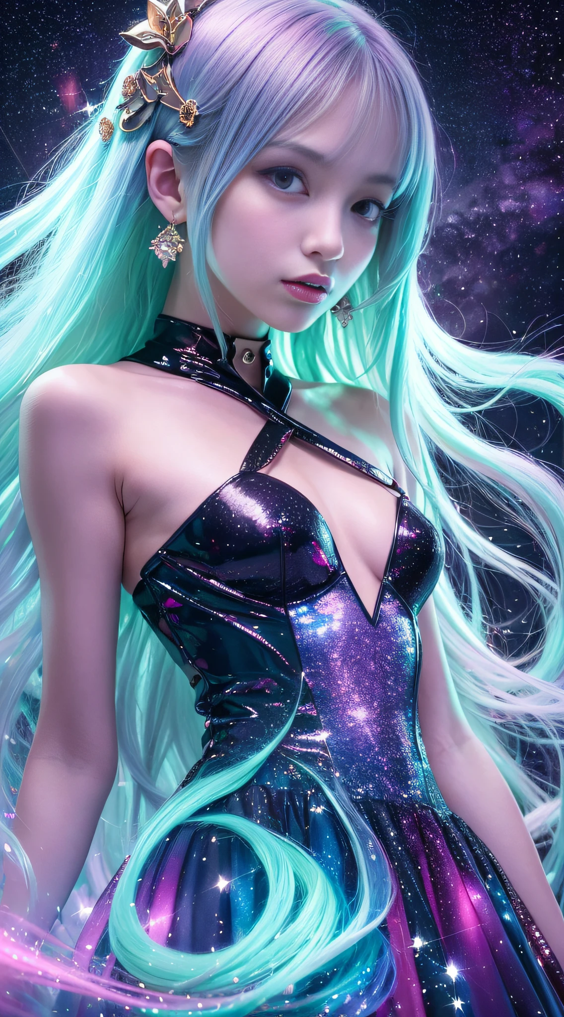 Background: Mysterious quantum environment, Cosmic elements and ethereal atmosphere,A mix of bright lights and colorful nebulae. Theme: A mysterious girl with a magical aura. She has long, Colorful wavy curls, The shiny hair stands out. His eyes are deep and expressive, Reflection Universe. She wore a flowing dress in purple and blue, With intricate details and mysterious textures. Color Palette: A combination of mysterious shades such as cosmic purple, Sky blue, Soft pink and a touch of gold. Create contrasts, Increase depth, Dark color, Such as dark purple or night blue. Aesthetics: The aesthetic combines elements of Mistycore, Known for its mysterious and ethereal atmosphere, and crystal cores, With its crystal clarity and sparkling details. The girl exudes magical energy,Her presence hangs over her,mesmerising. Covered with: Keep subtle glowing effects and glitter overlays around the girl, Covered with: Add a soft glow effect around the girl and crystal, It seems to exude magic. Also, Add small details of flash,Enhance the ethereal atmosphere.
